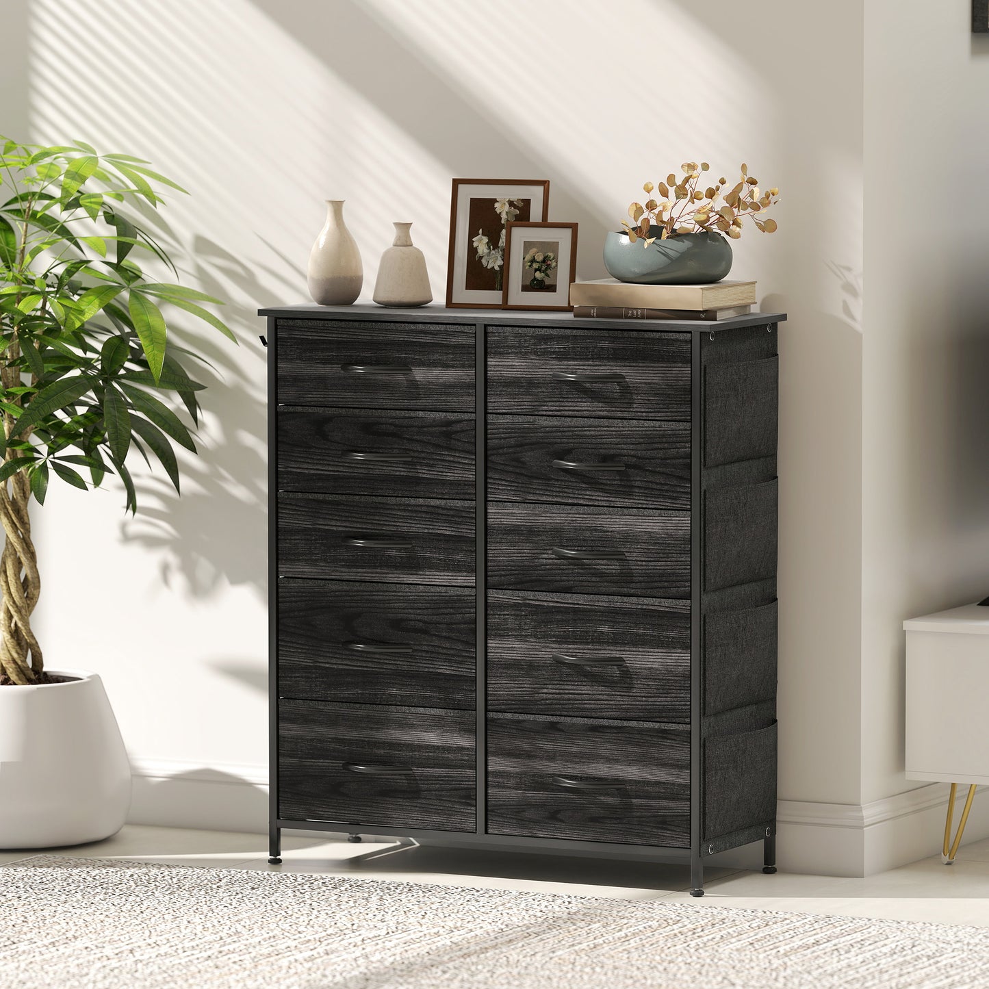 HOMCOM Fabric Chest of Ten Drawers with Steel Frame Black Six Small and Four Large Drawers, Four Pockets and Two Hooks