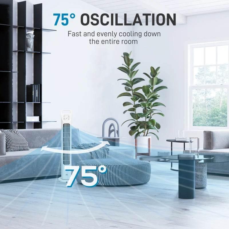 White oscillating tower fan with wide airflow from front grille
