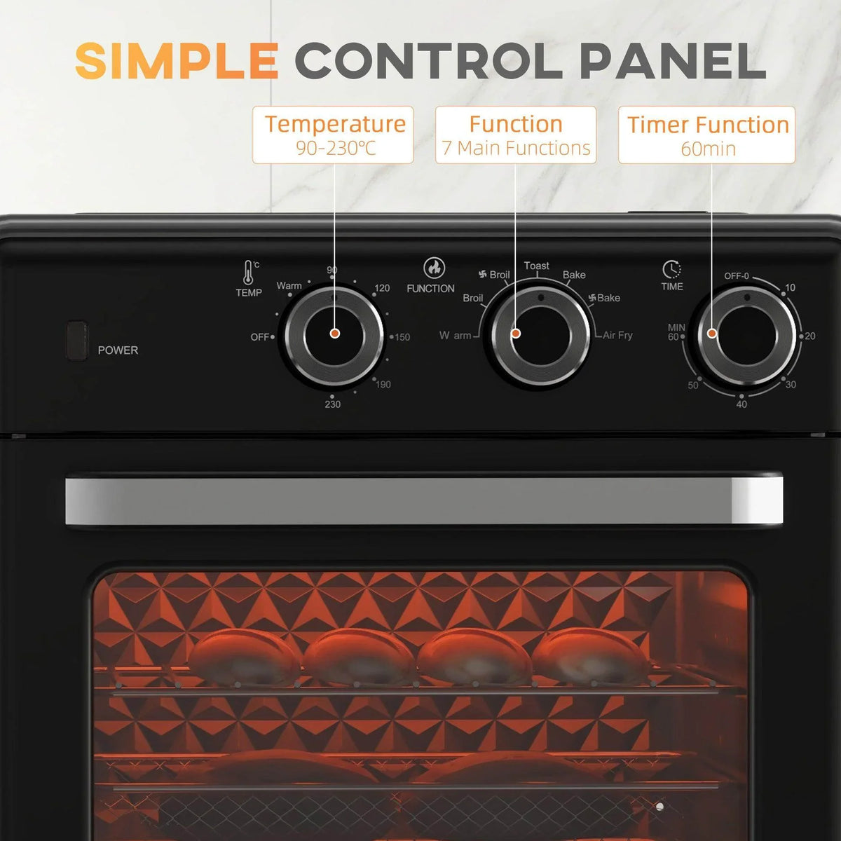 Black control panel of air fryer oven with multiple rotary knobs and viewing window