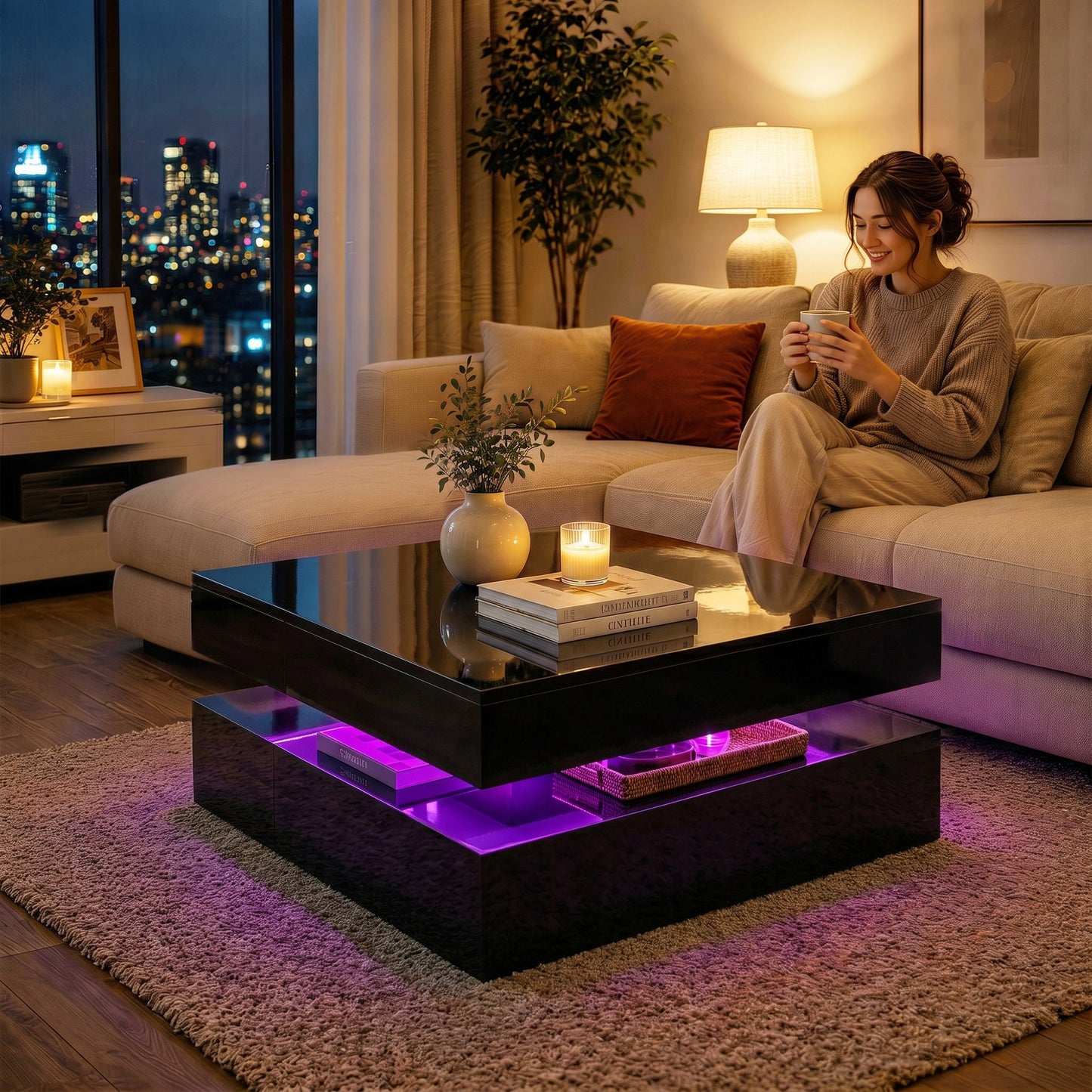 HOMCOM LED Coffee Table with Storage 2 Tier Modern Centre Table Open Shelf RGB LED Remote Lighting High Gloss Black