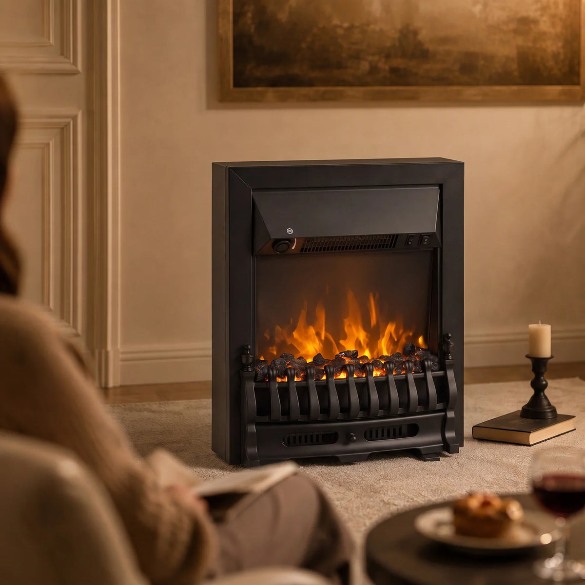 Black electric fireplace stove with glowing LED flames and front glass panel