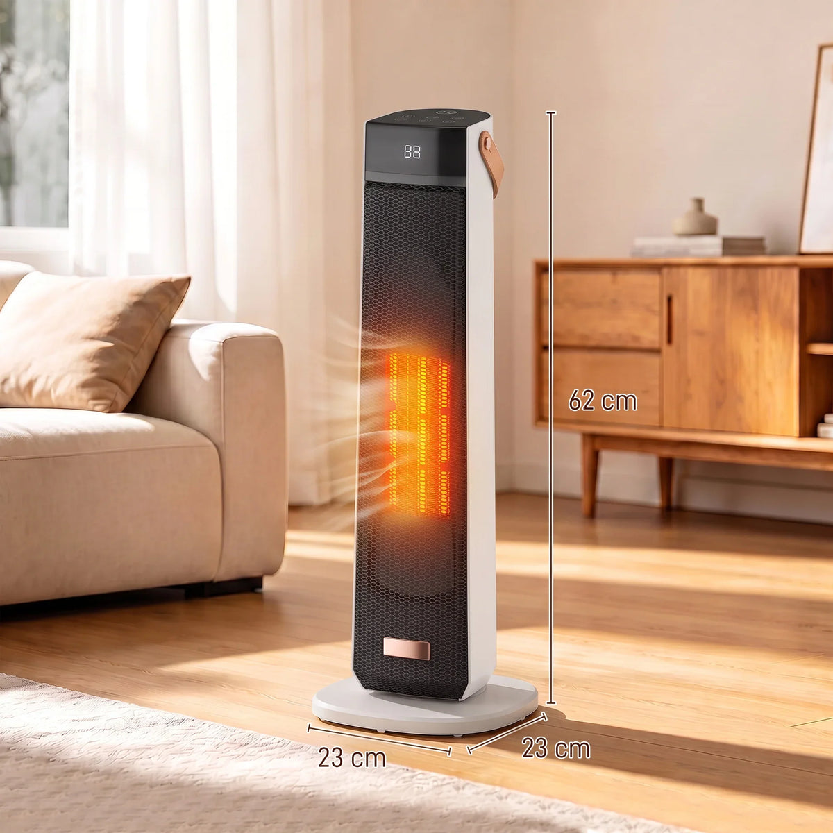 Portable ceramic tower heater with flame-effect glow with height and width indicators