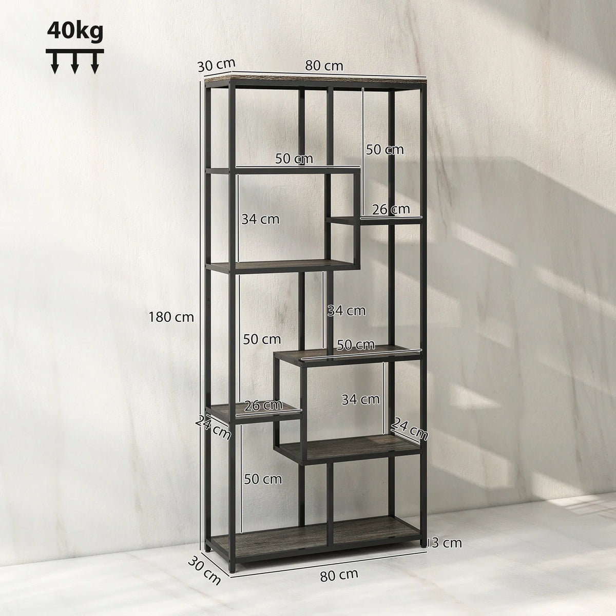 Seven-tier geometric bookcase metal frame with front-view dimensions diagram.