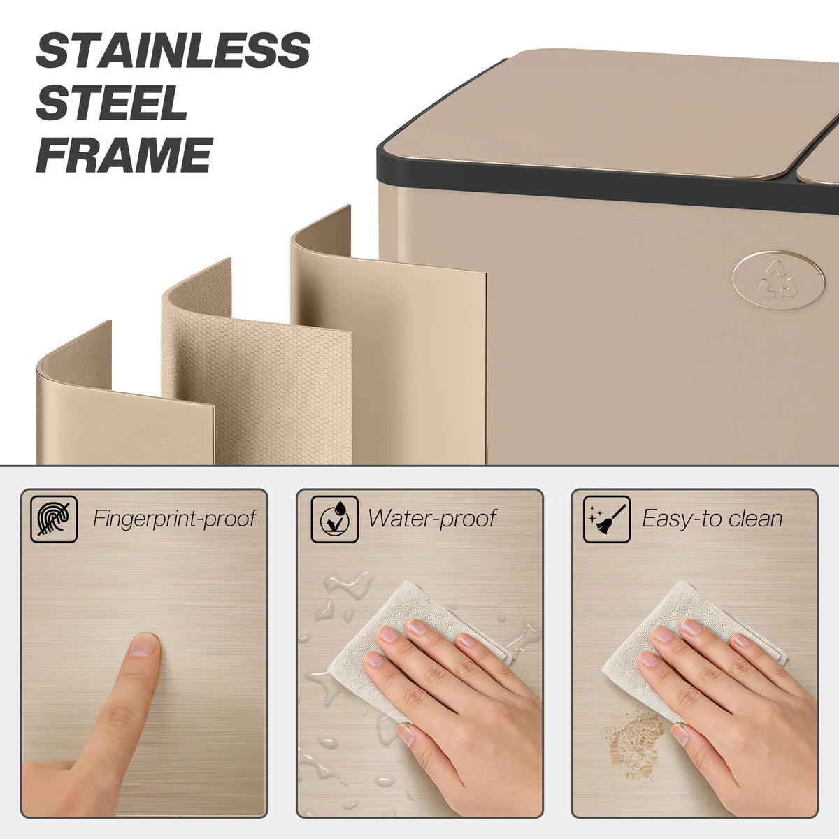 Stainless steel frame dual bin with smooth surface, easy-clean and water-proof outer finish