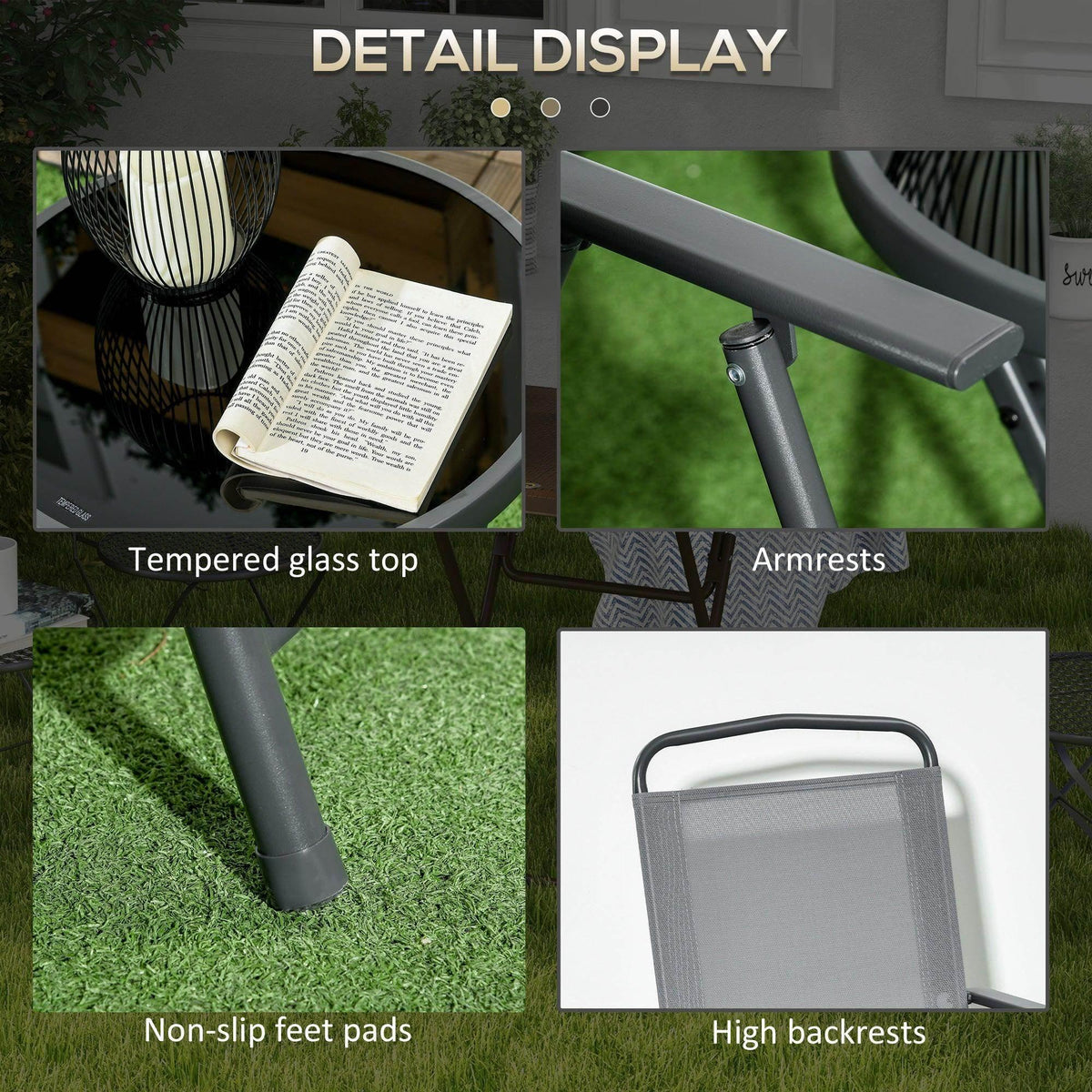 Outdoor set details: tempered glass top, armrests, non-slip feet pads, high backrests