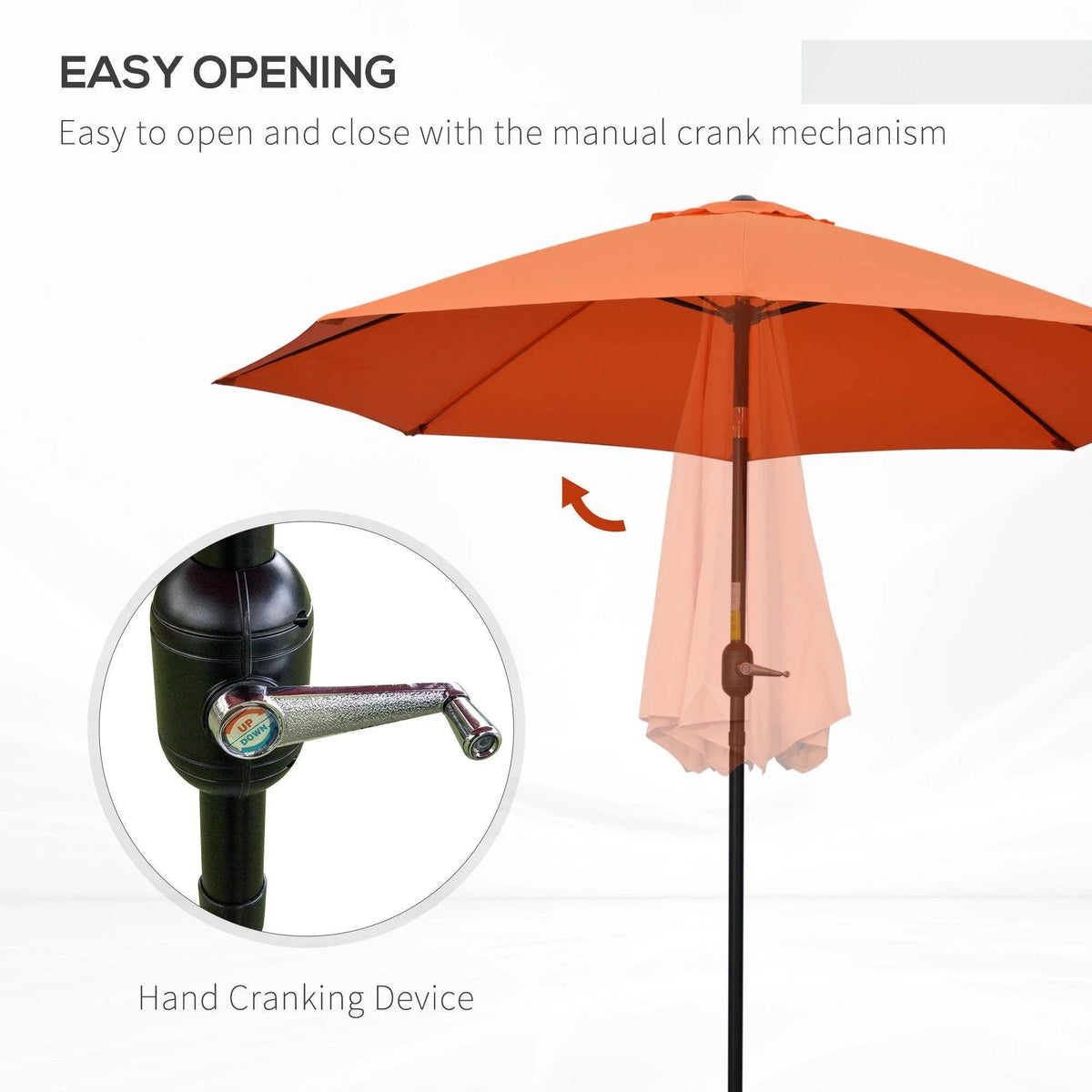 Orange patio umbrella with manual crank mechanism and tiltable canopy shown