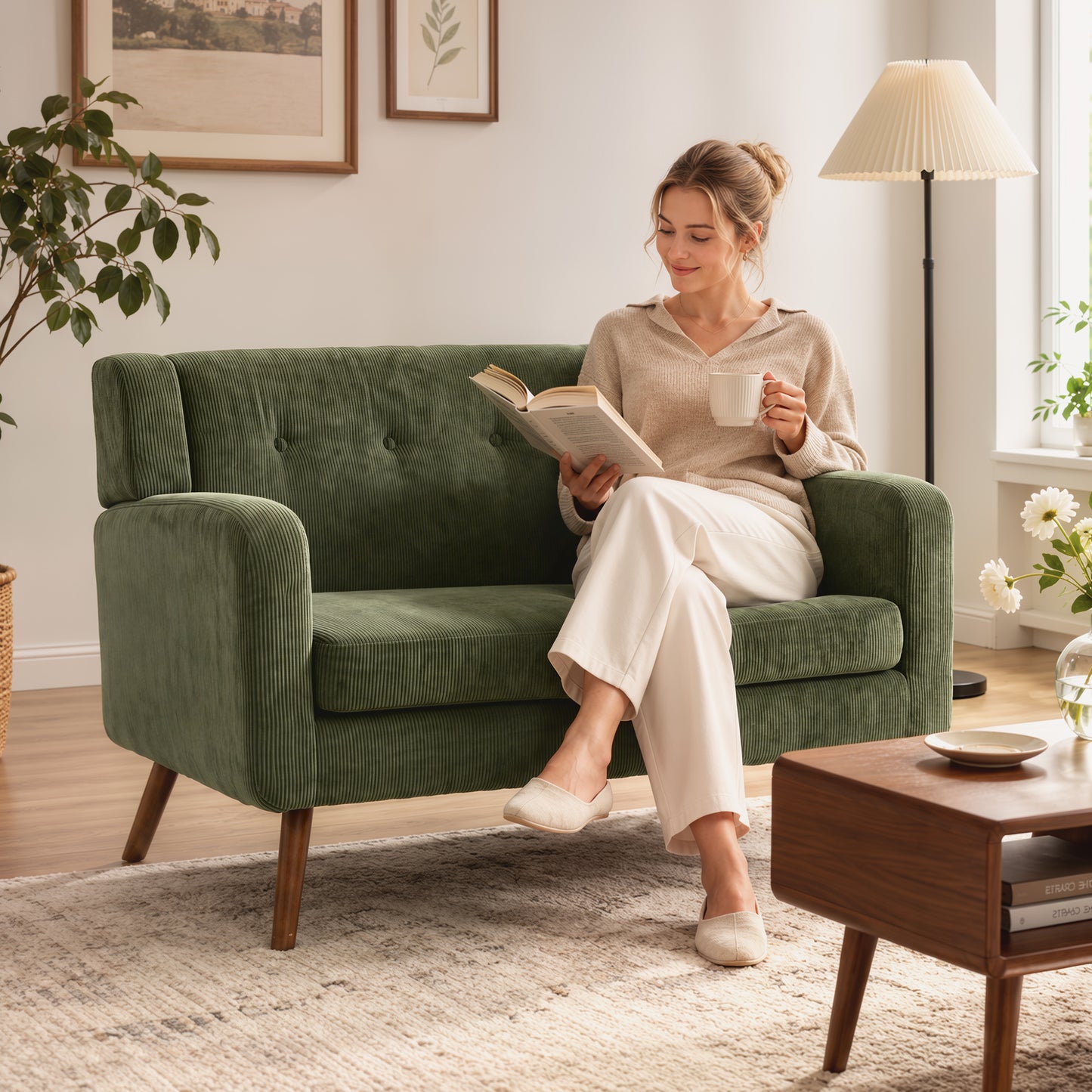 HOMCOM Corduroy 2 Seater Sofa With Pocket Springs Dark Green Compact Couch
