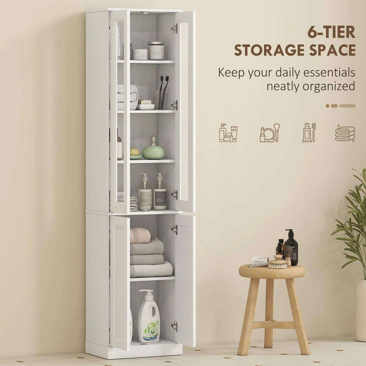 White six-tier tall bathroom storage cabinet with open doors and adjustable shelves