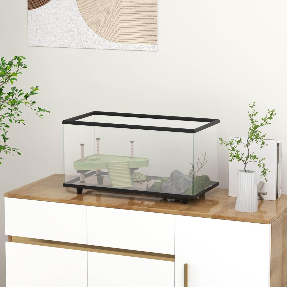 Glass turtle aquarium with black frame, basking platform and easy-drain base
