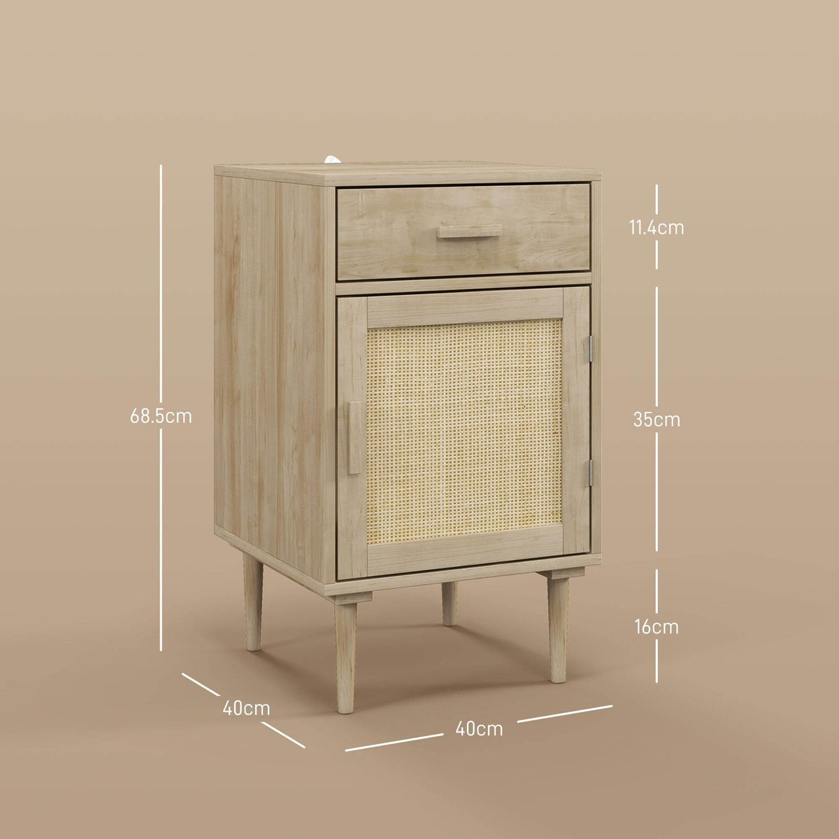 Light wood nightstand with drawer and rattan cabinet door, straight legs