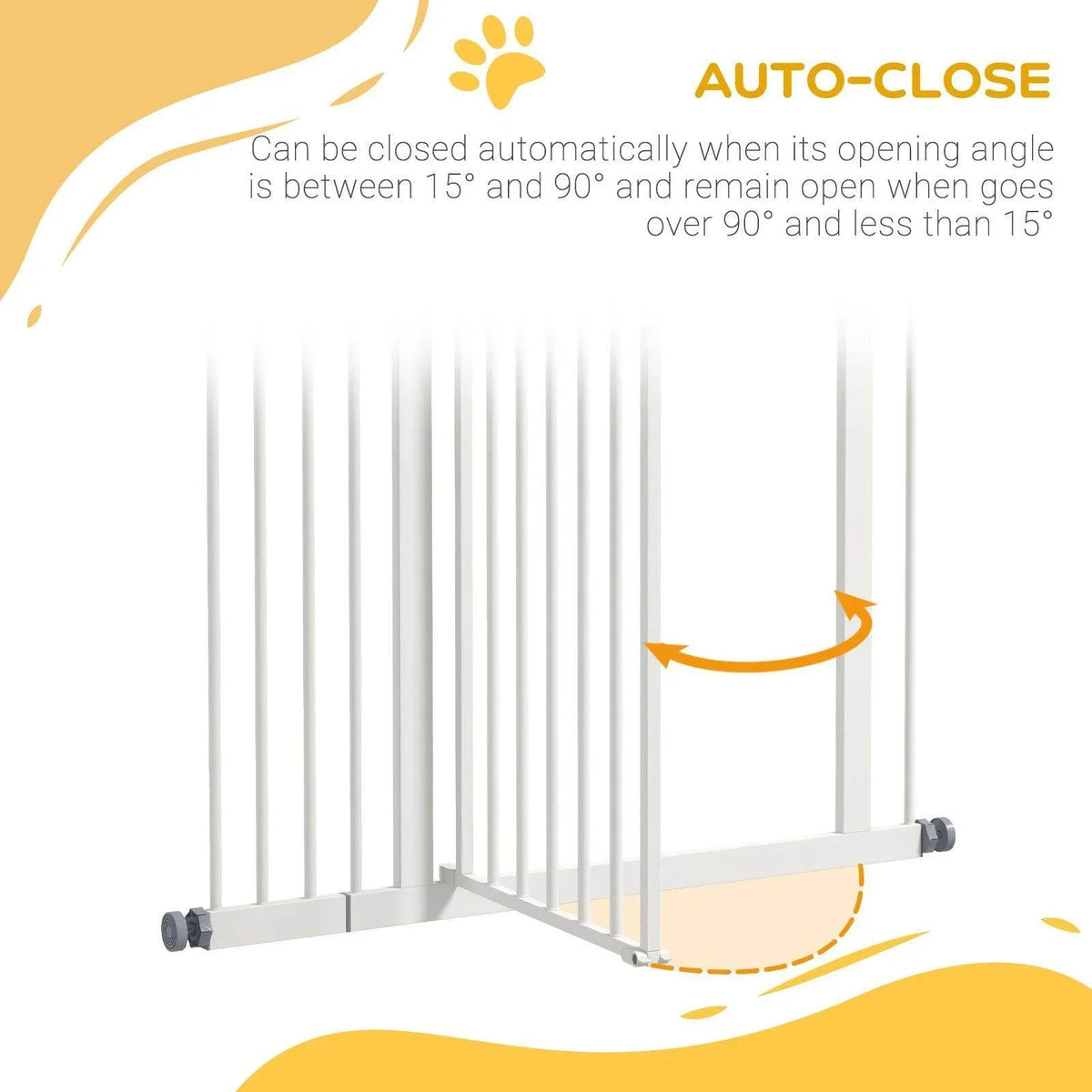 White pet safety gate panels with vertical bars and auto-close hinge at base