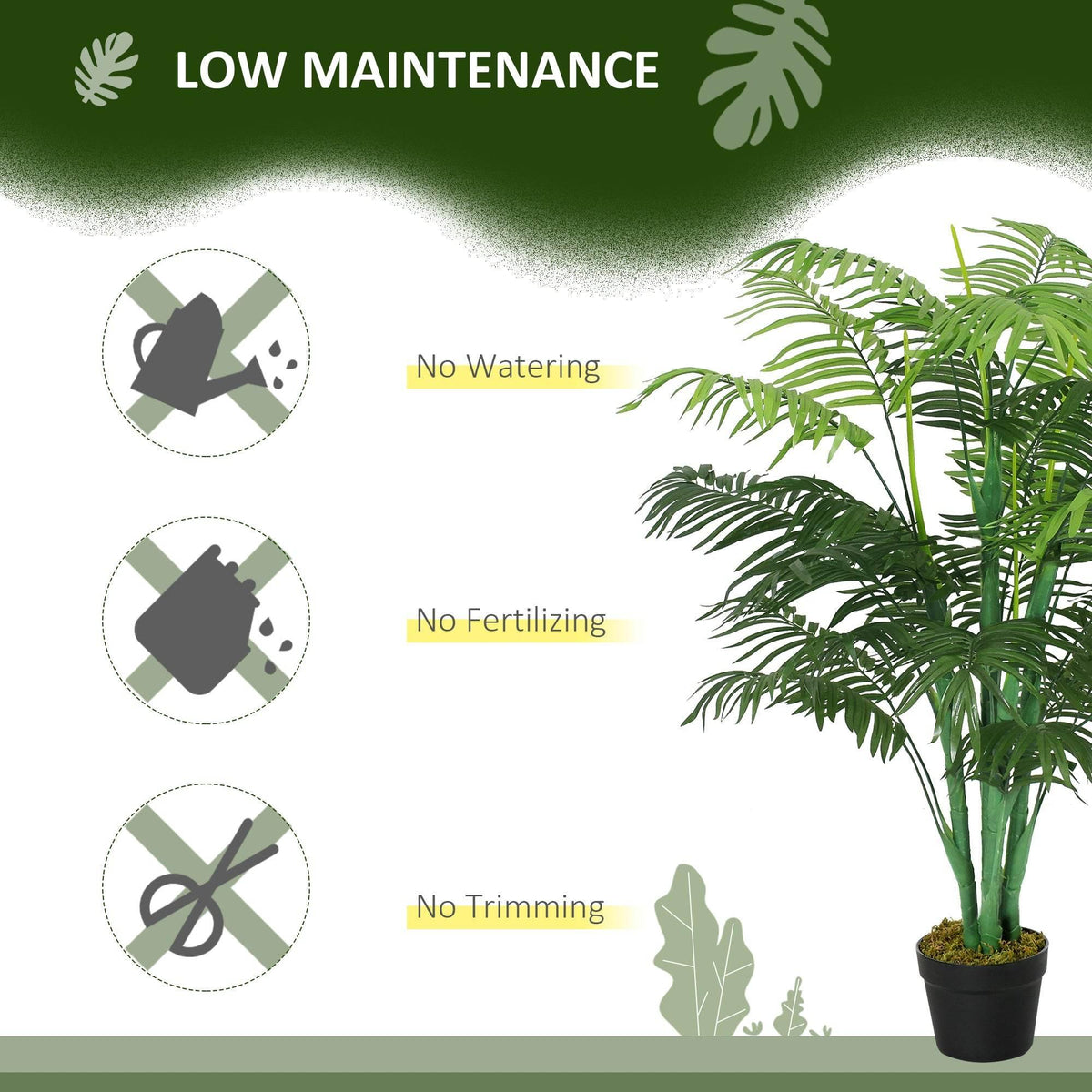 Artificial palm tree with green faux fronds in black pot, low-maintenance style