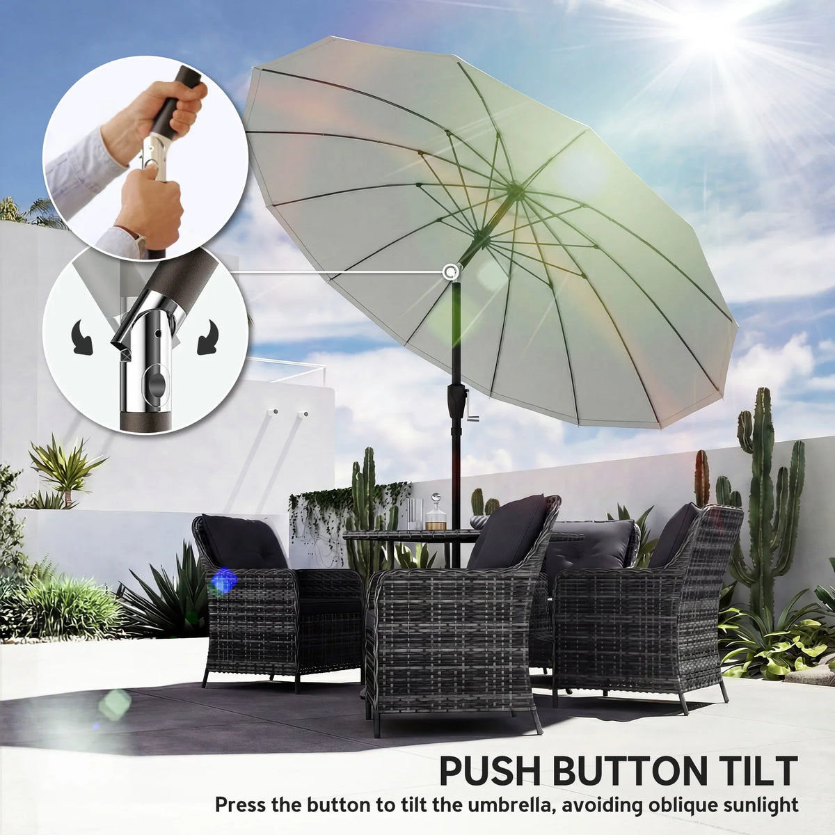 Light grey patio parasol open with push-button tilt control on the center pole