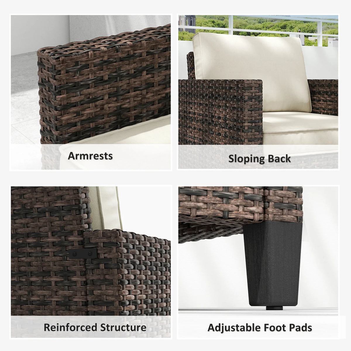 Dark brown rattan armchair with armrests, sloping back, reinforced frame, adjustable foot pads