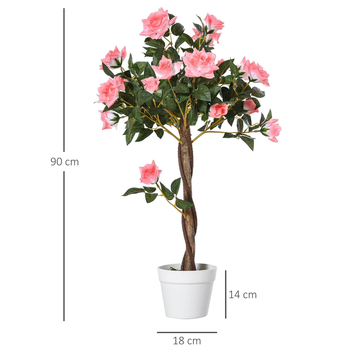 Artificial pink rose topiary in white pot with realistic green leaves, 90 cm