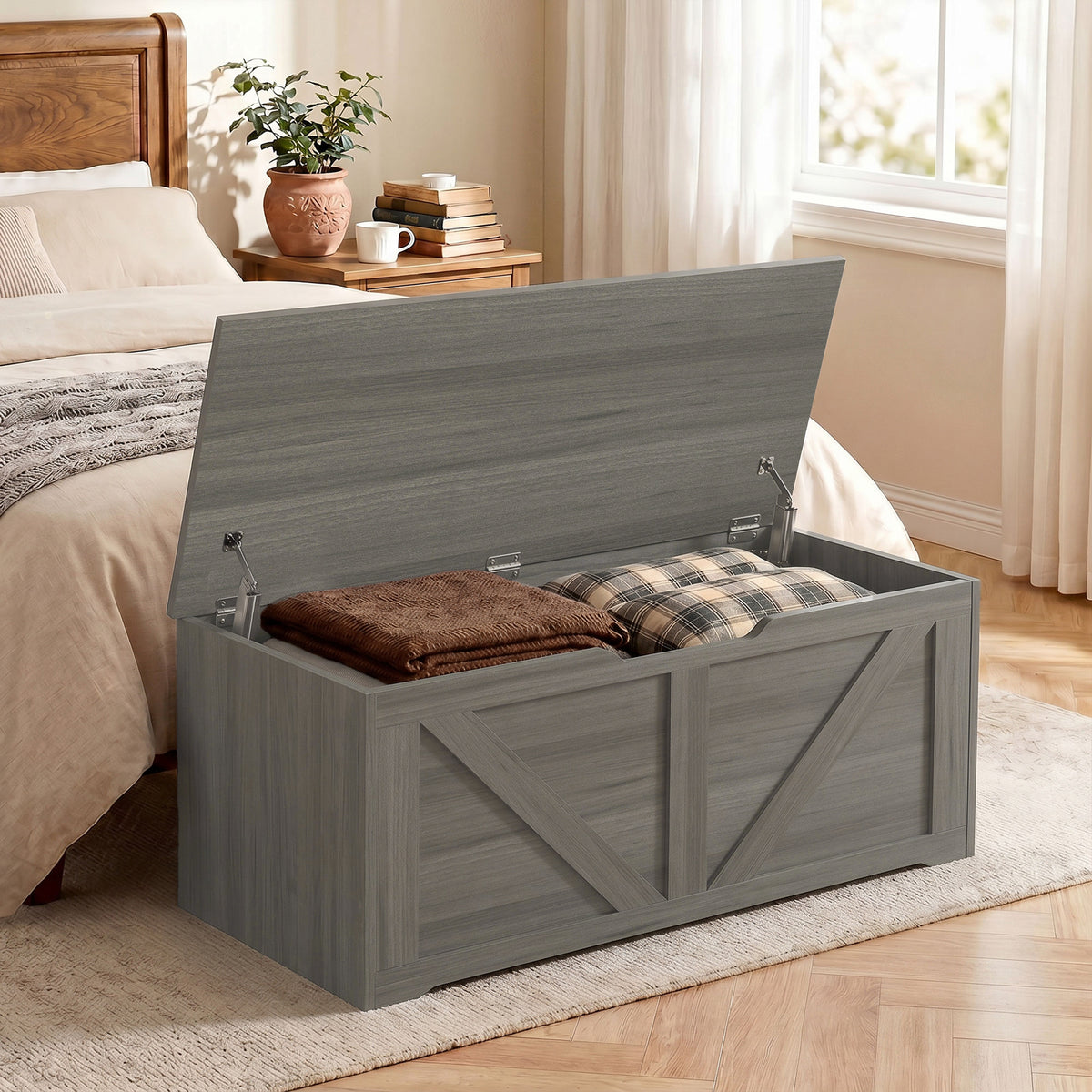 Storage chest with lifted lid, dark gray wood-effect panels and interior fabric lining