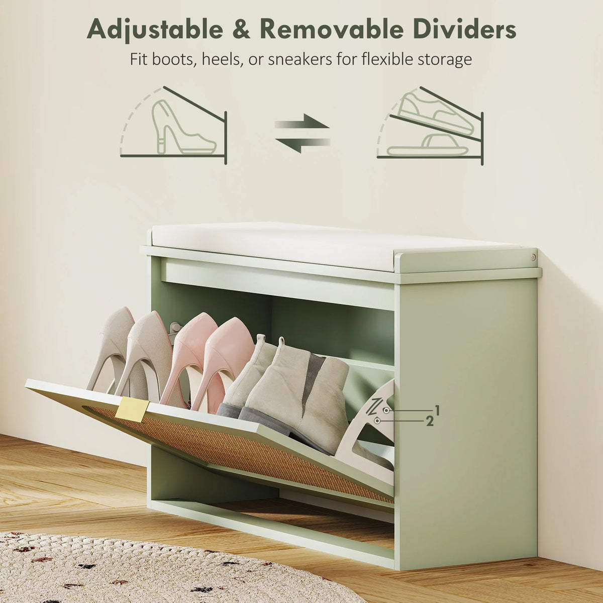 Light green shoe bench with adjustable inner dividers and flip drawer open.