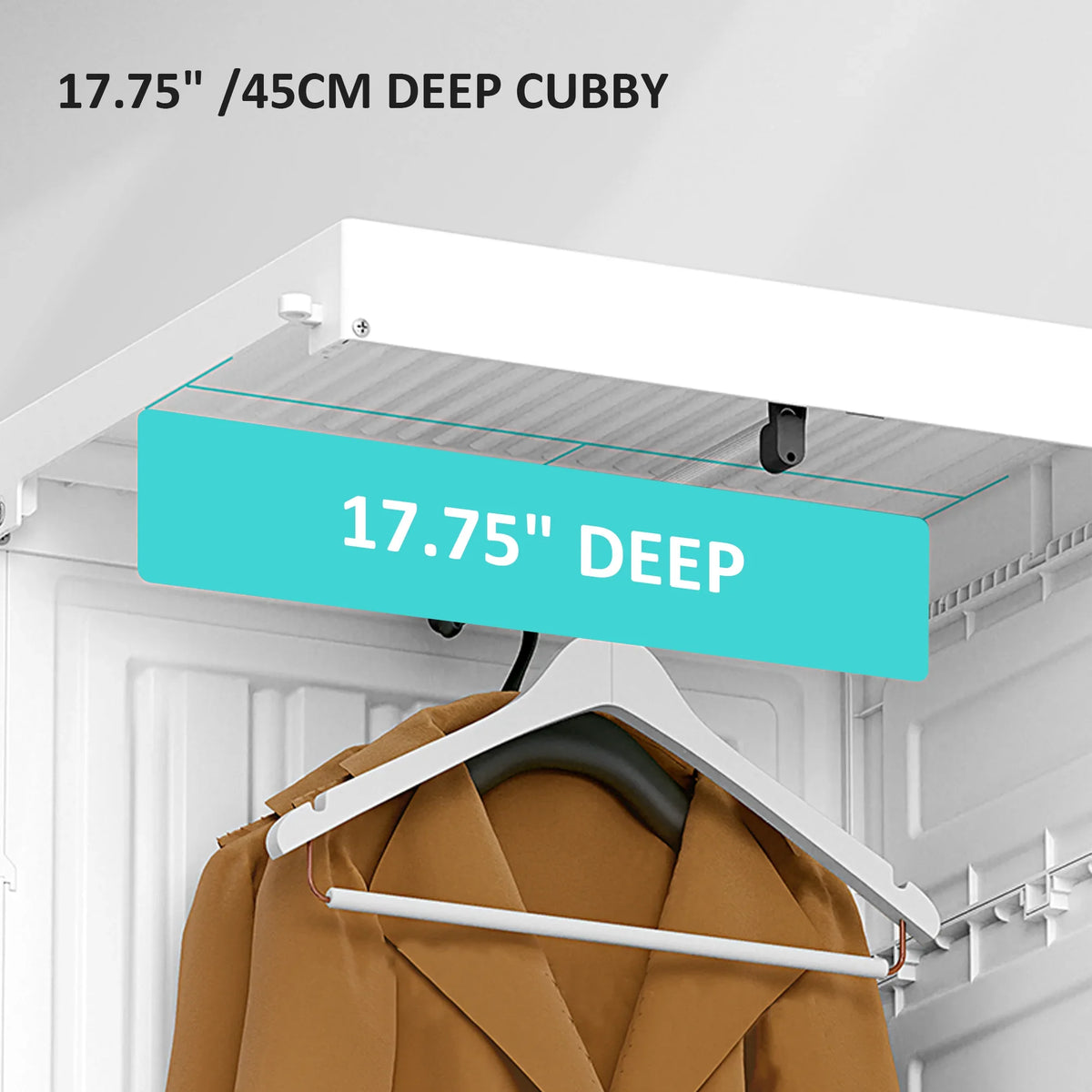 White wardrobe cubby with hanging rod under top shelf, showing deep 17.75 in.