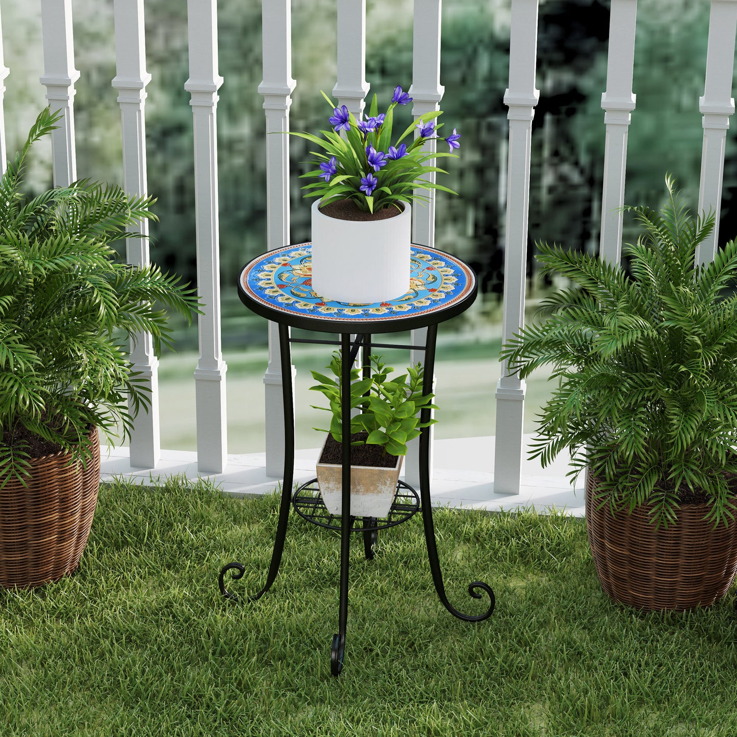 Outsunny Mosaic Round Garden Table With Shelf Ceramic Tile Top Outdoor Patio Balcony End Table Blue