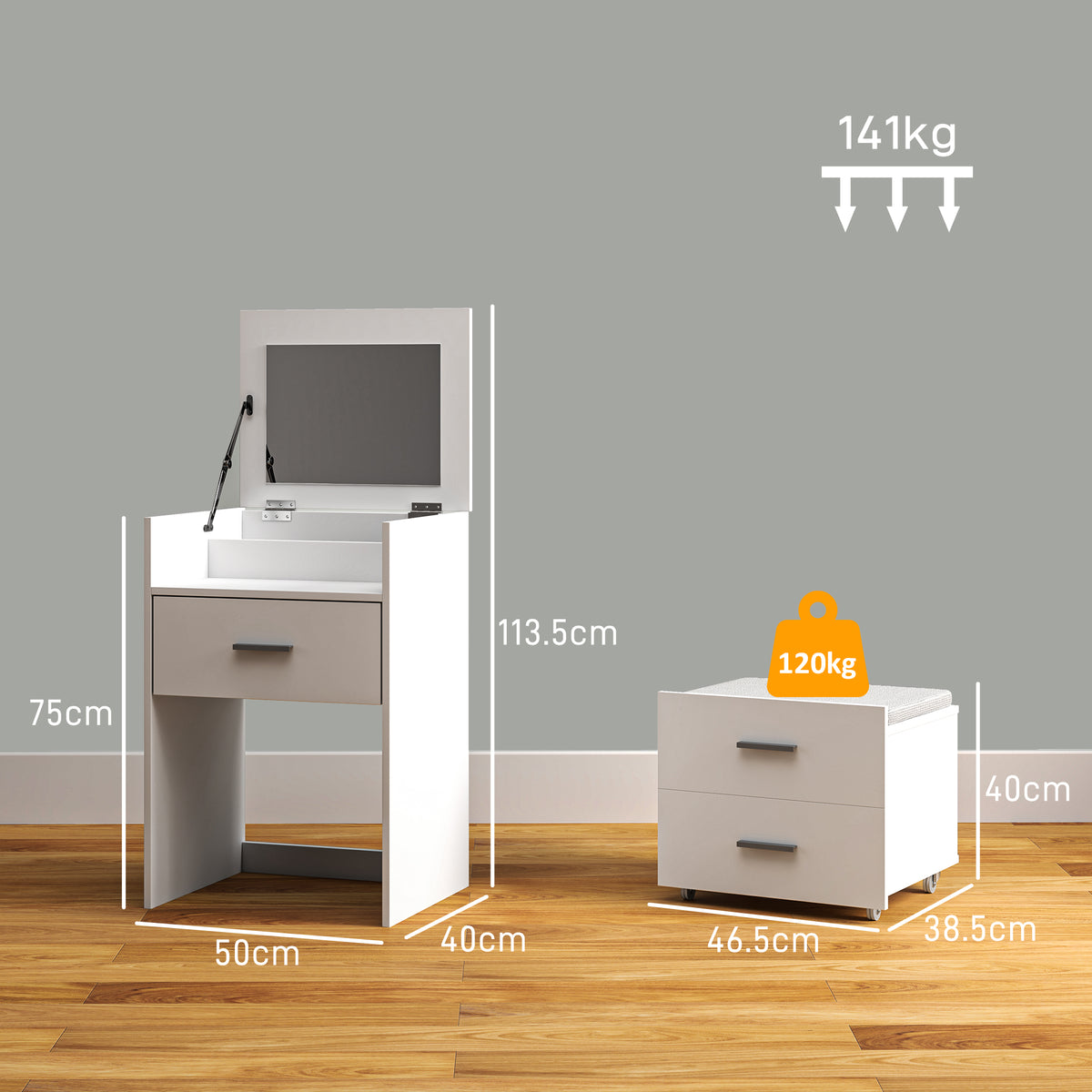 White vanity desk with flip-up mirror and two drawers, dimension diagram.