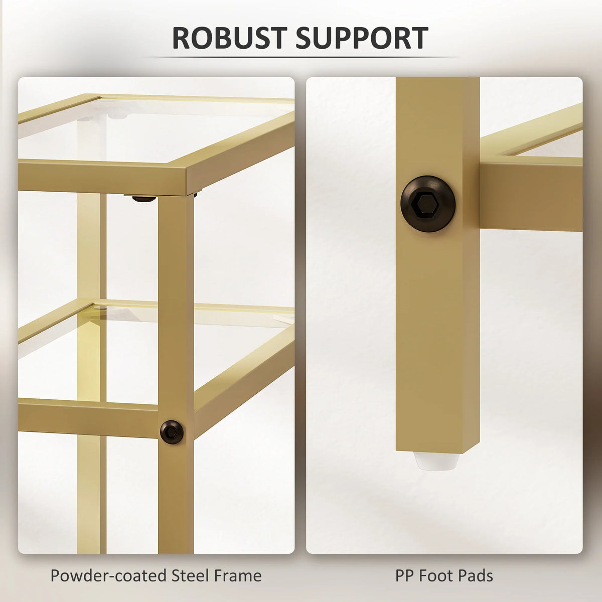 Gold metal 3-tier side table with sturdy frame and open storage shelves