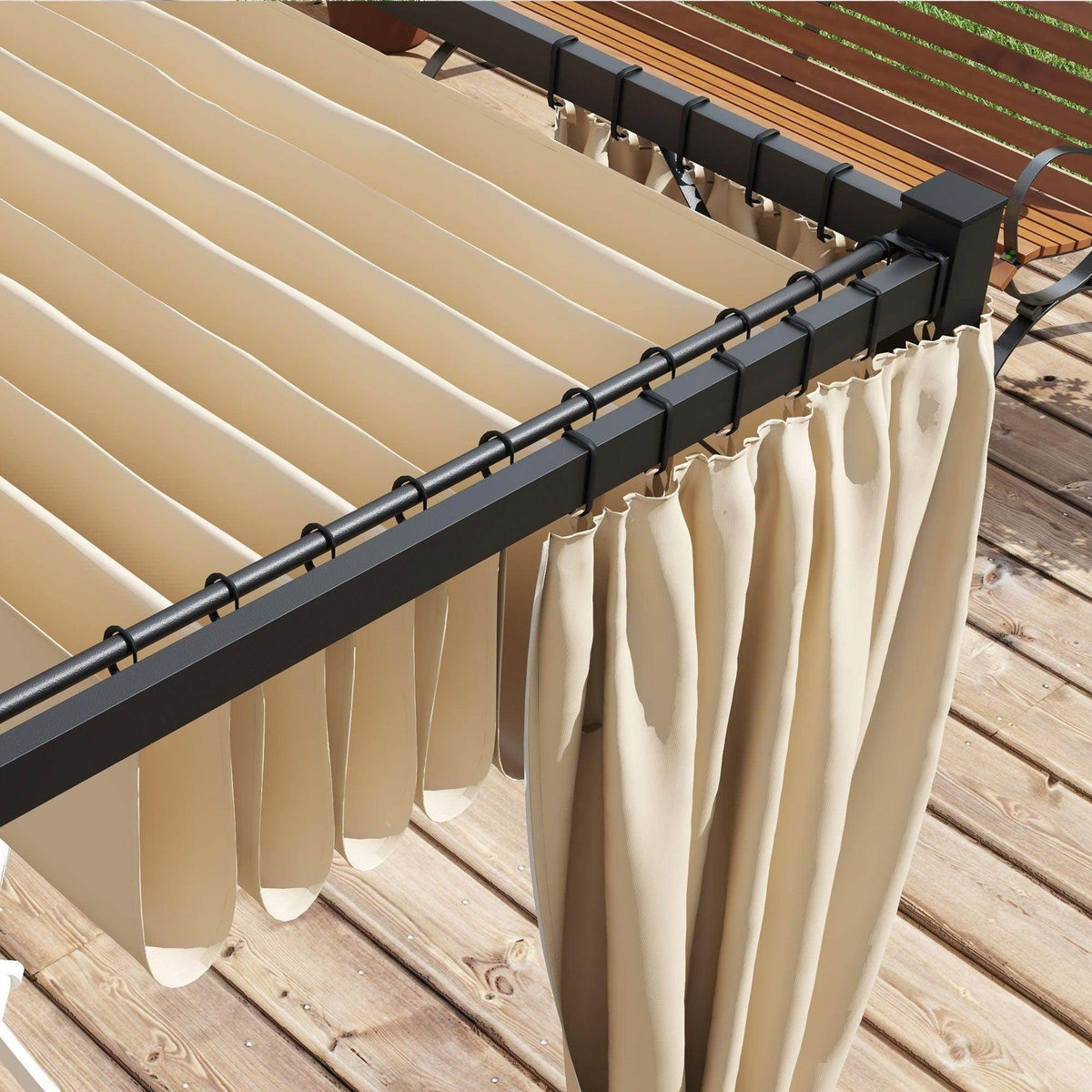 Retractable canopy frame rail with beige curtain panels hanging along side