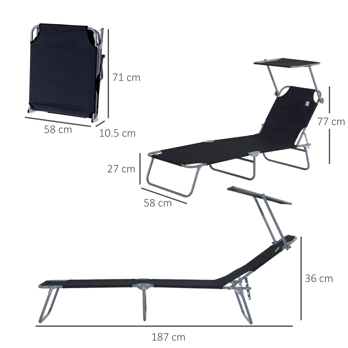 Outsunny black reclining sun lounger with adjustable backrest, side profile