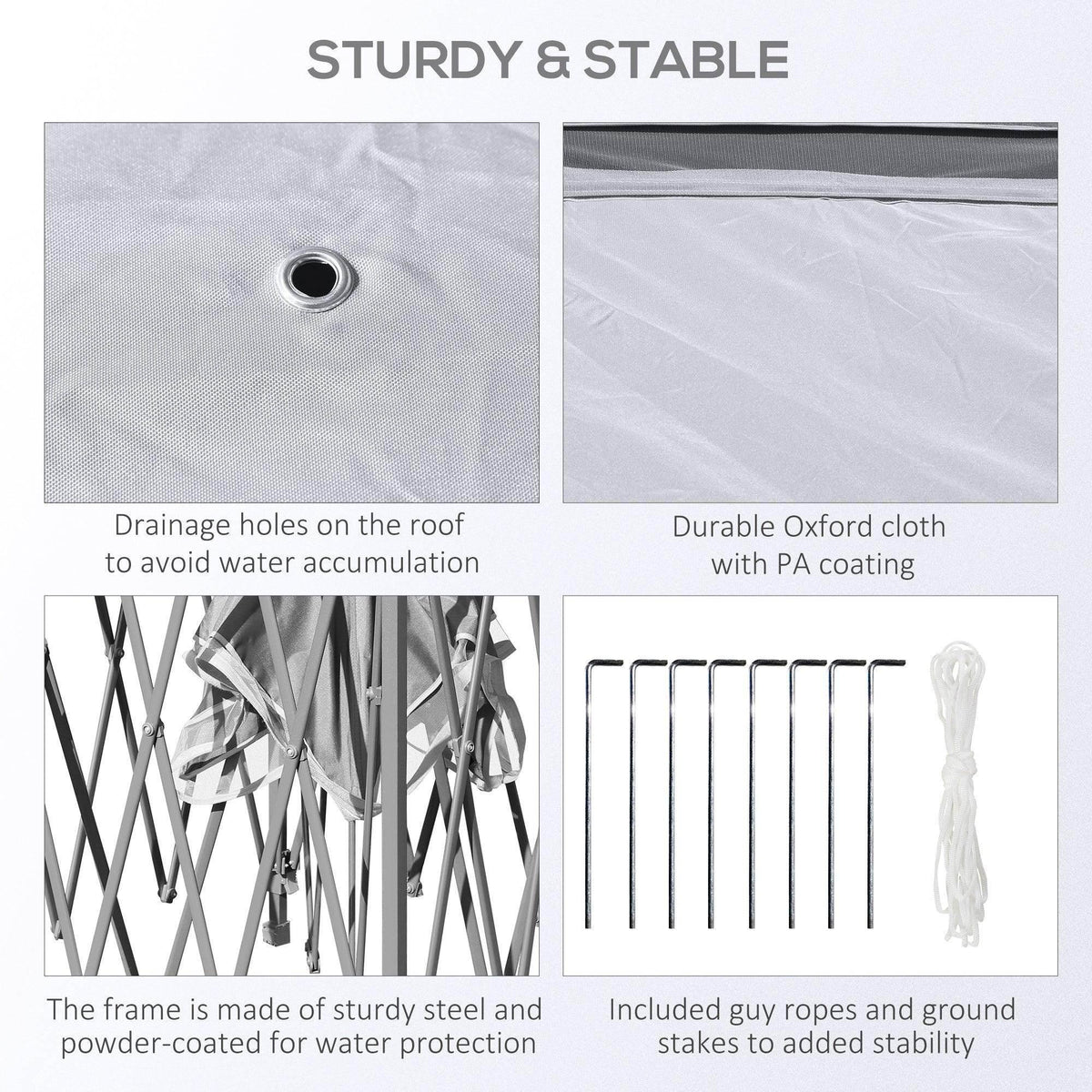 Grey gazebo canopy fabric with drainage hole; sturdy steel frame, ropes, and stakes.
