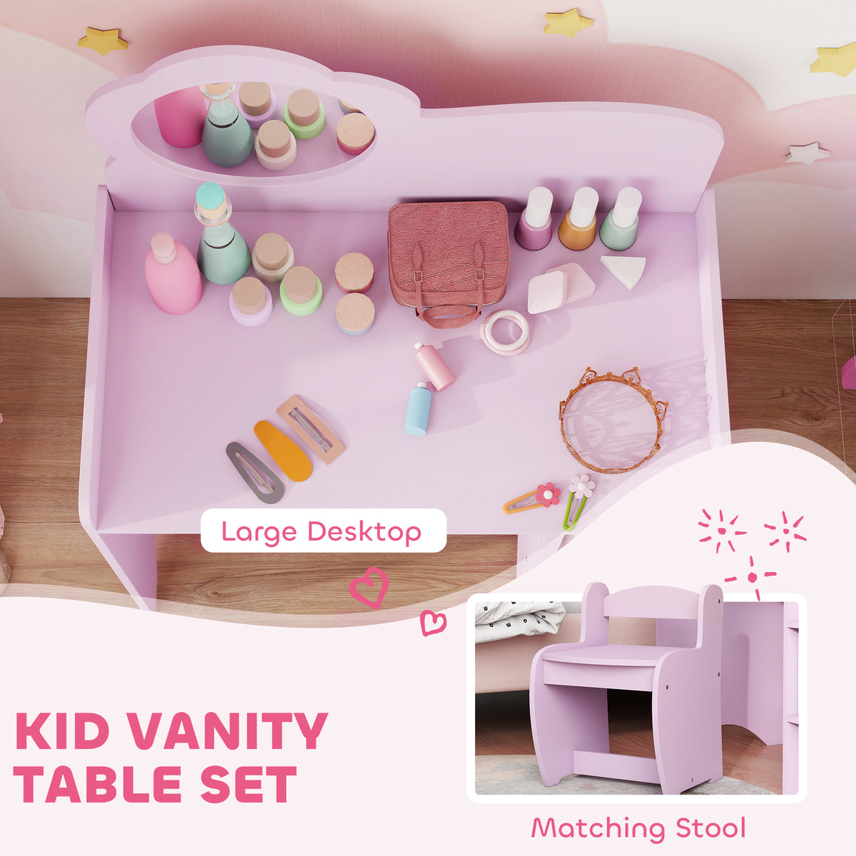 Purple kids vanity desktop with round mirror top opening, toy beauty items and storage shelves