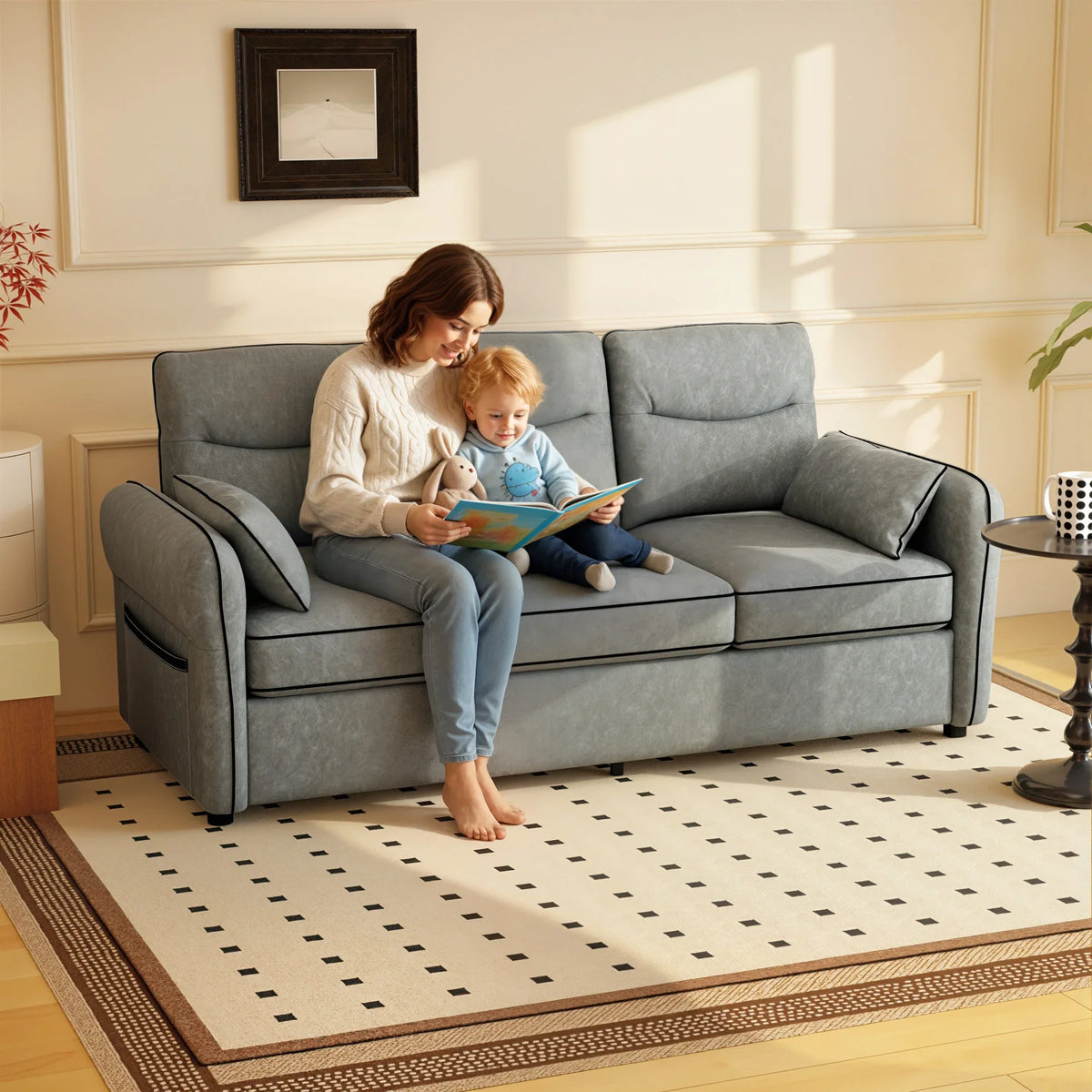 Grey 3-seater faux leather sofa with deep seat and wide, padded armrests