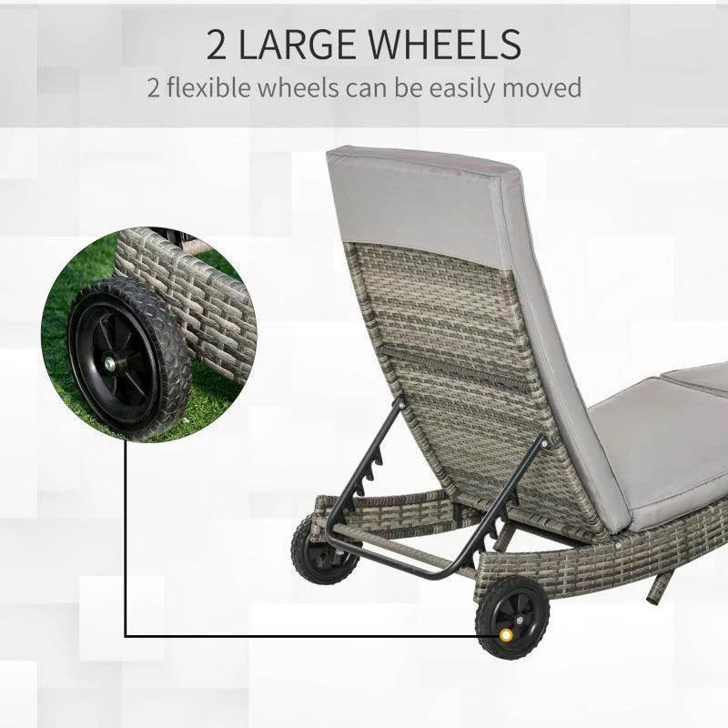 Outsunny Patio Wicker Chaise Lounge Chair - Outdoor PE Rattan Sun Lounger with Adjustable Backrest and 2 Wheels | Stylish and Comfortable Poolside Lounging - ALL4U RETAILER LTD