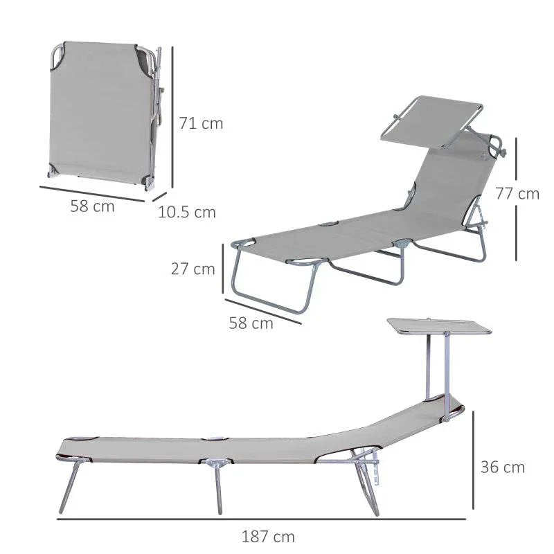 Light grey folding sun lounger with adjustable reclining back and sturdy metal frame