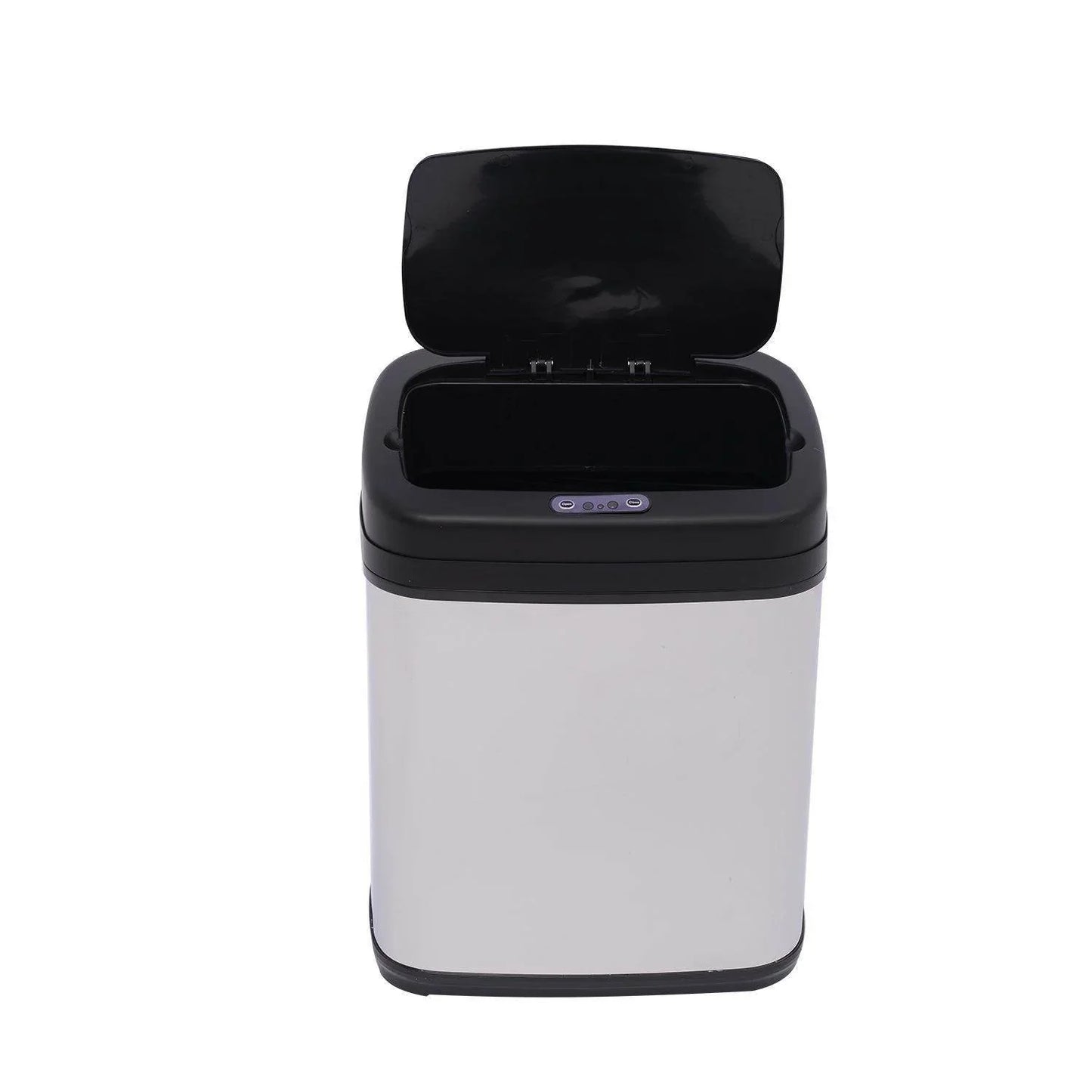 Modern automatic sensor trash bin with open black lid and stainless steel body