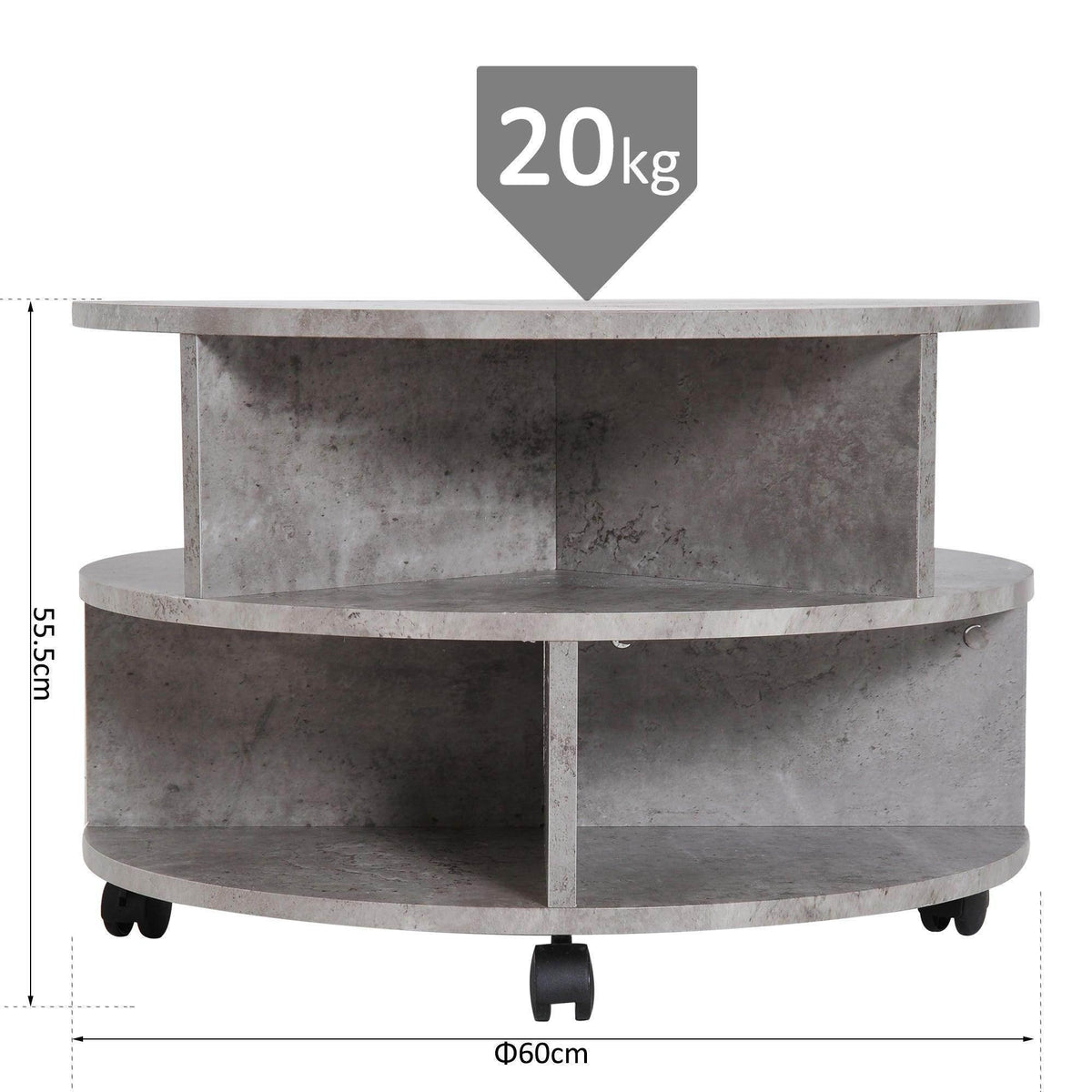 Two-tier round cement side table with caster wheels, about 60 cm diameter
