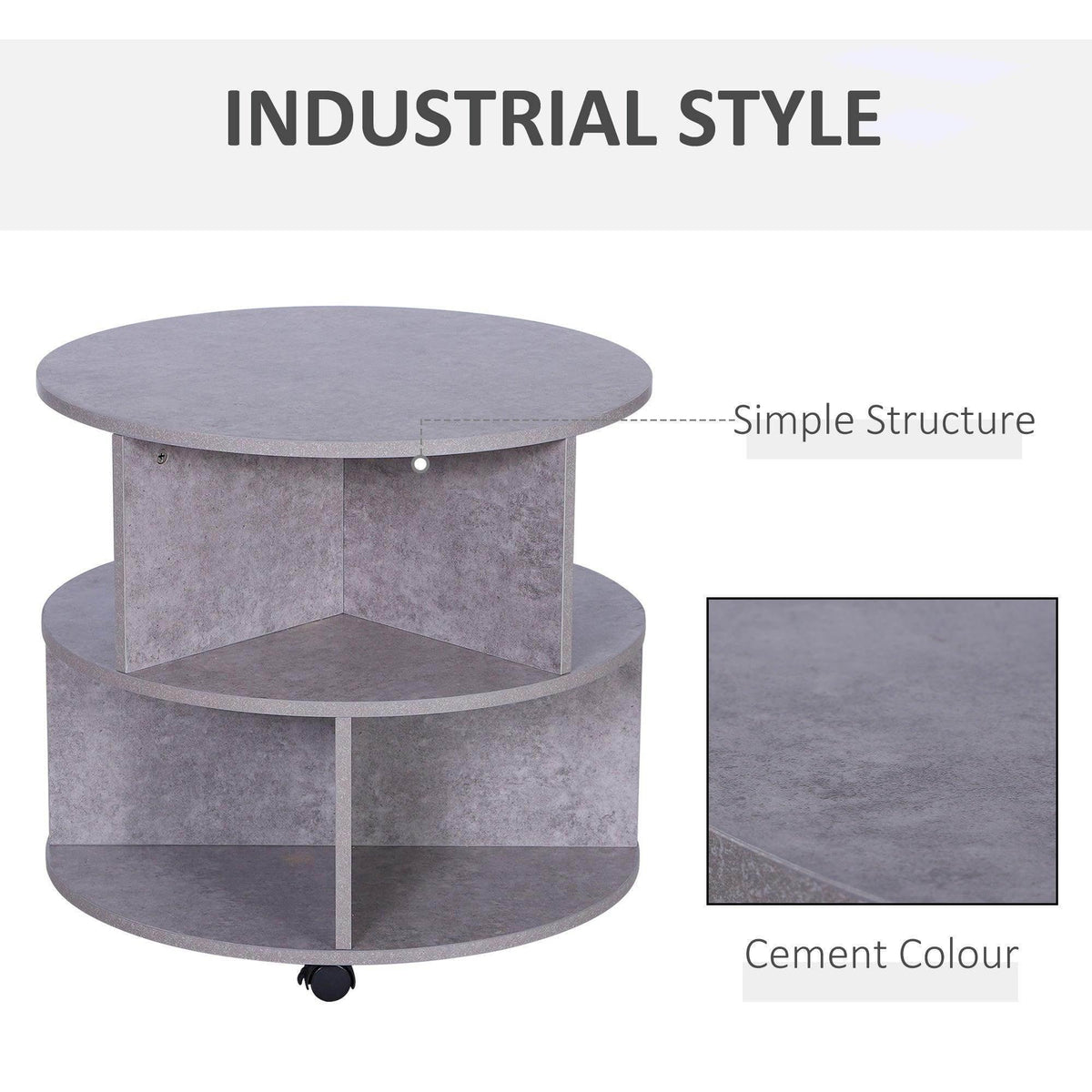 Round two-tier cement-style side table with open center shelf and caster feet