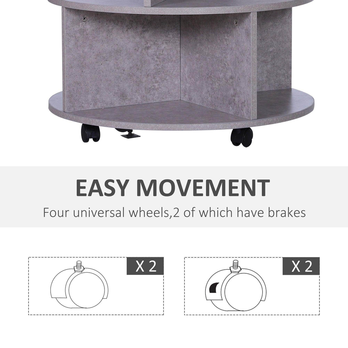 Two-tier round cement side table with open middle shelf and caster wheels underneath