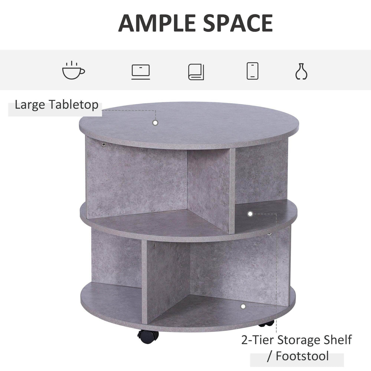 Two-tier round cement-style storage table with wide top and lower shelf on wheels