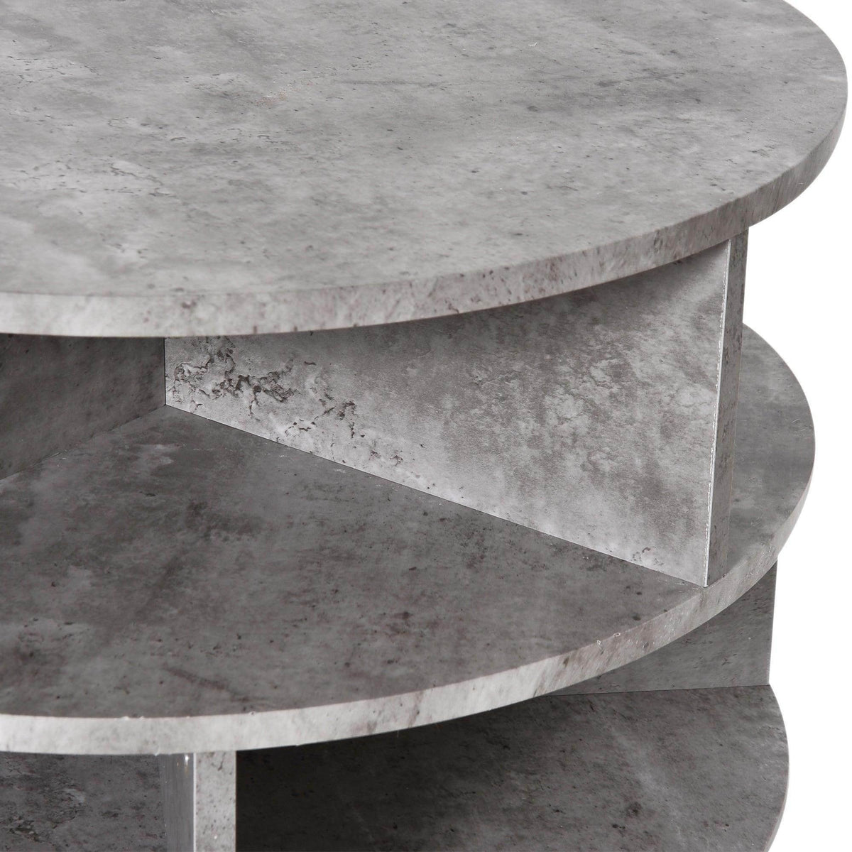 Round cement-style side table interior shelf and divider with concrete-finish detail
