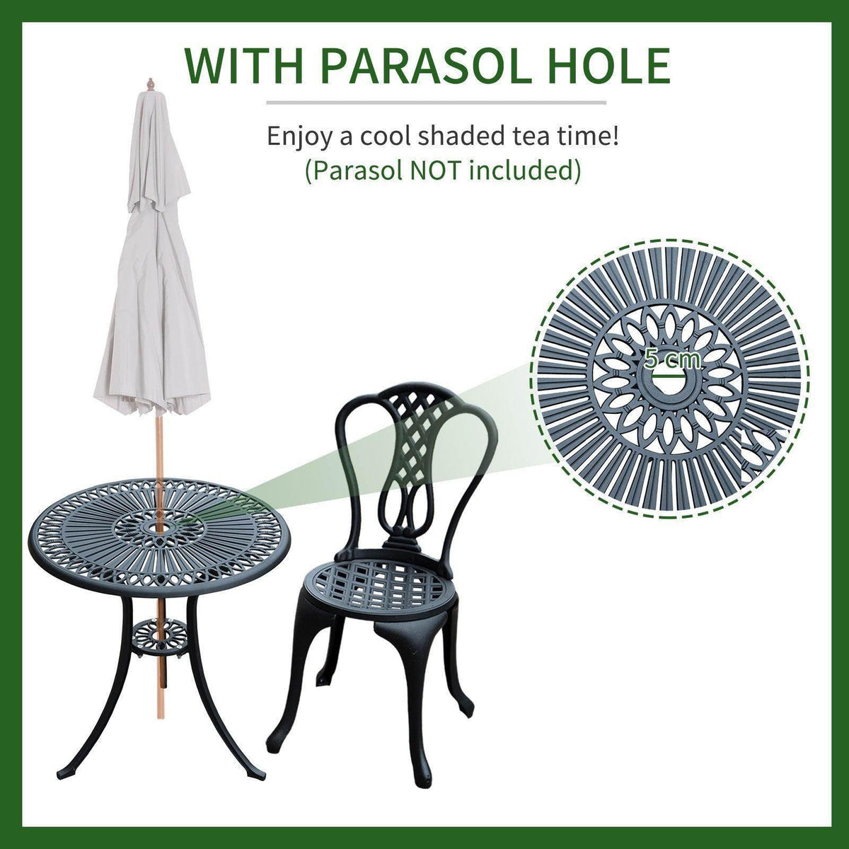 Black outdoor bistro set with parasol hole, perfect for shaded garden tea time