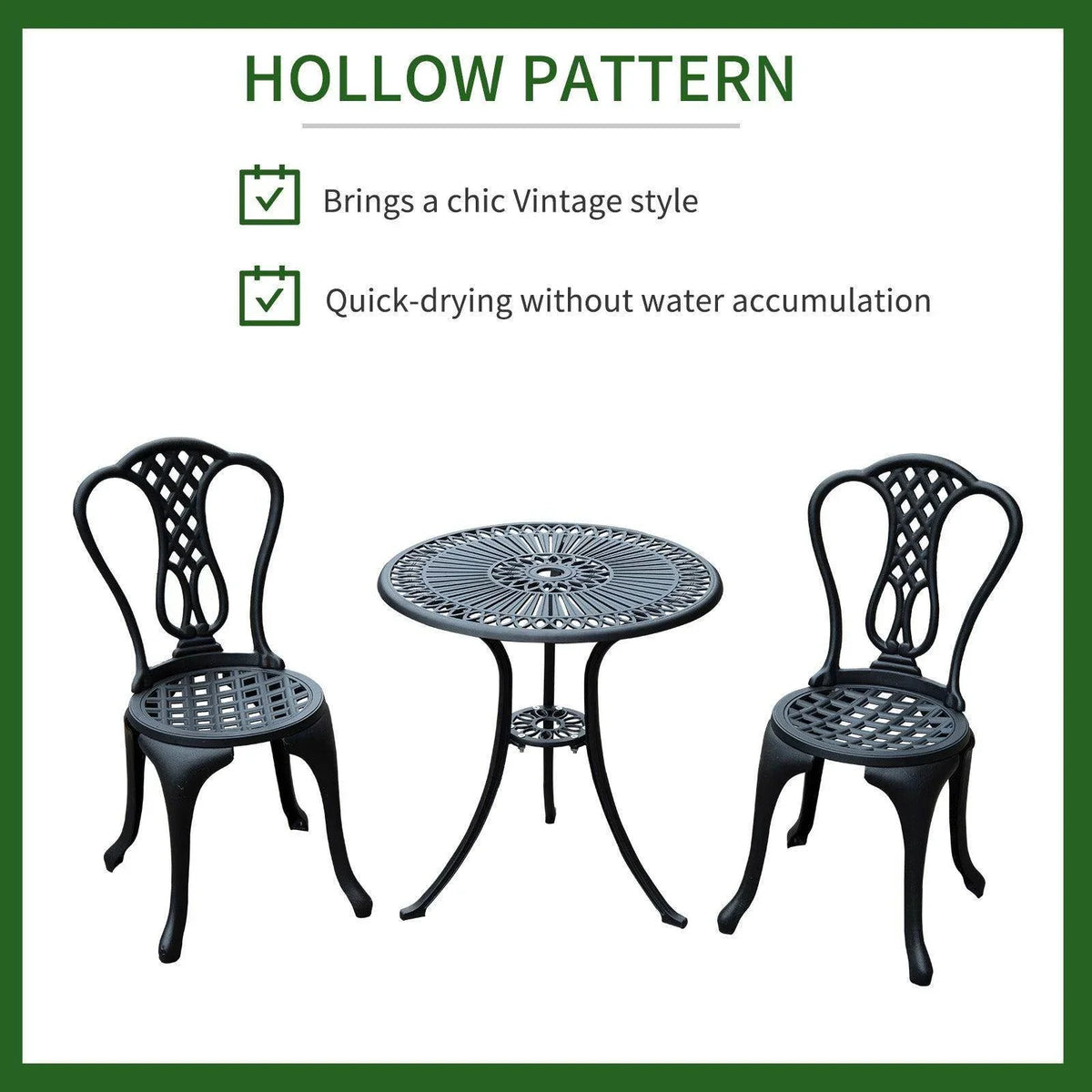 Black outdoor bistro set with hollow pattern, vintage style table and chairs, quick-drying design