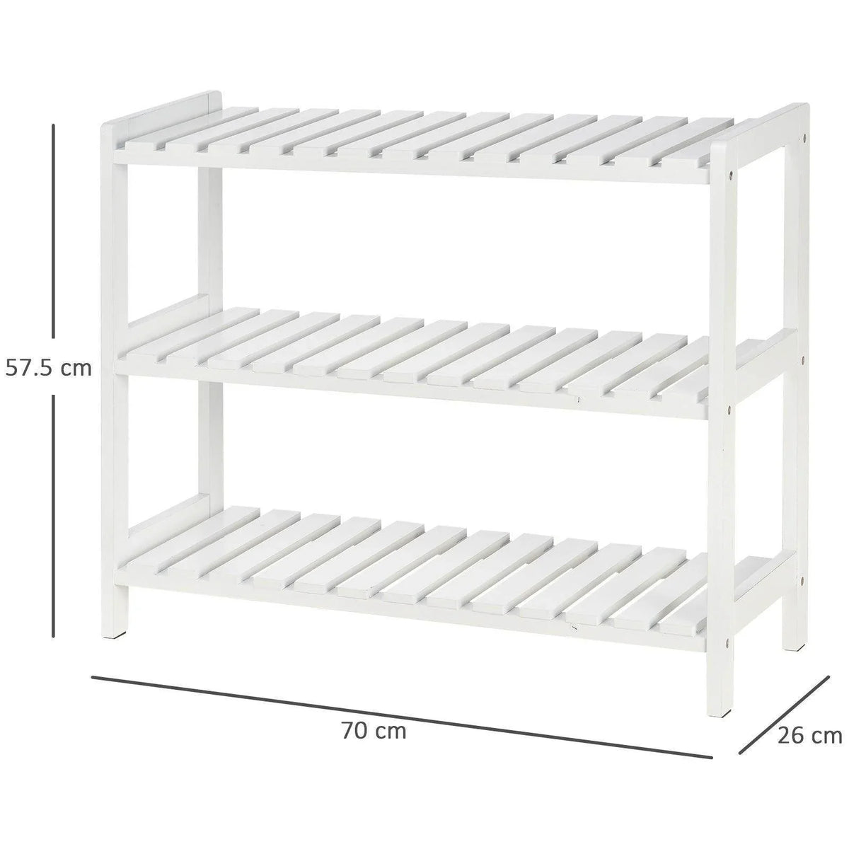 White three-tier shoe rack with open ventilated slatted shelves and side supports.
