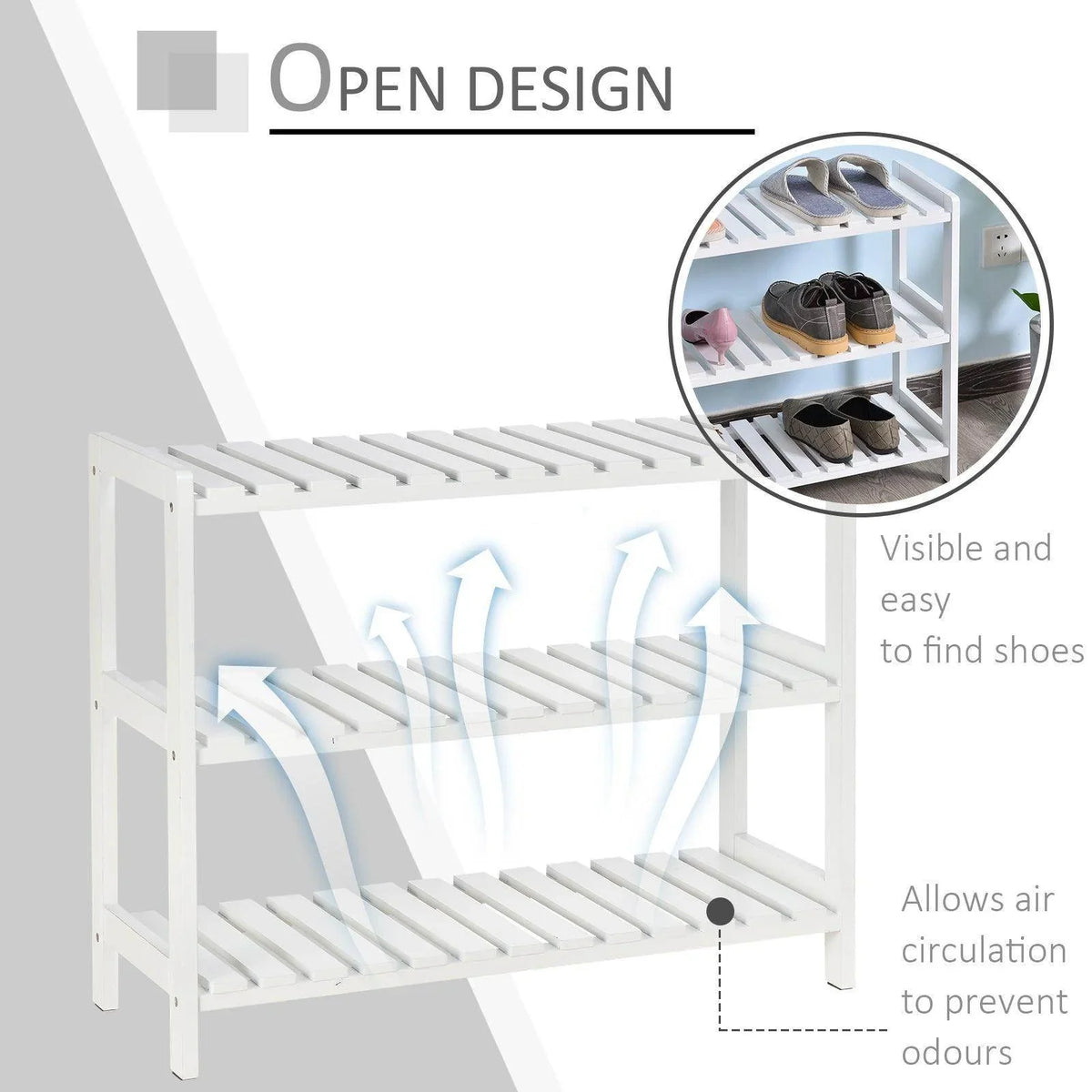 White three-tier shoe rack with open slatted shelves holding several pairs of shoes.