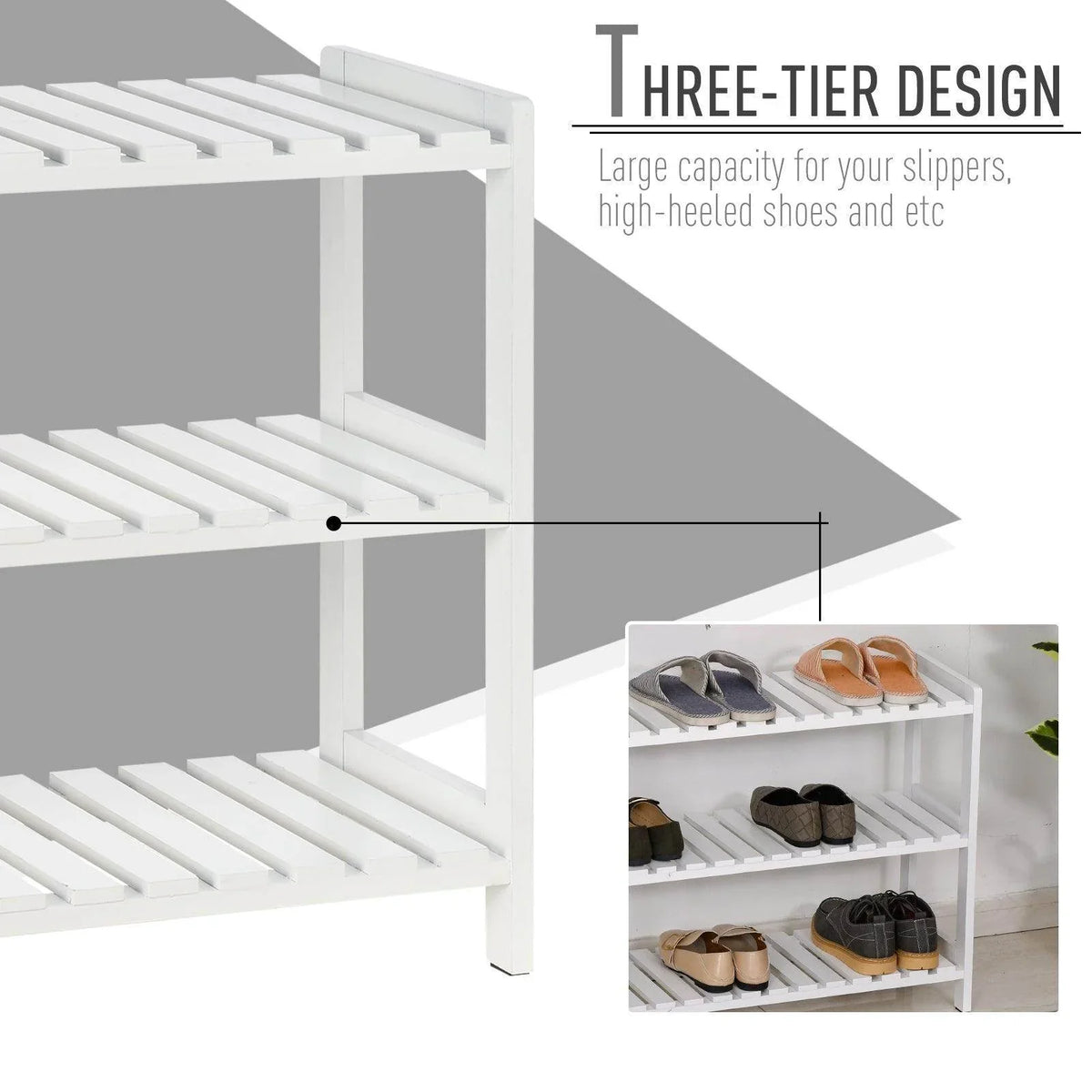 White three-tier shoe rack with open shelves for slippers, sneakers, and heels.