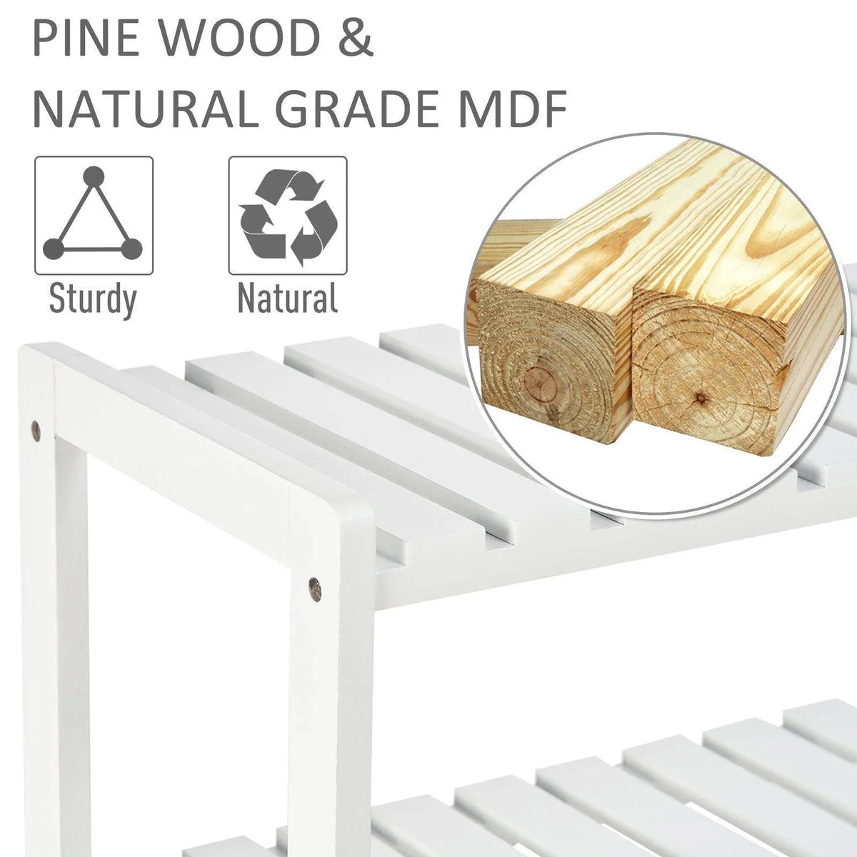 White shoe rack with sturdy slatted platforms and natural-grade MDF side frame.