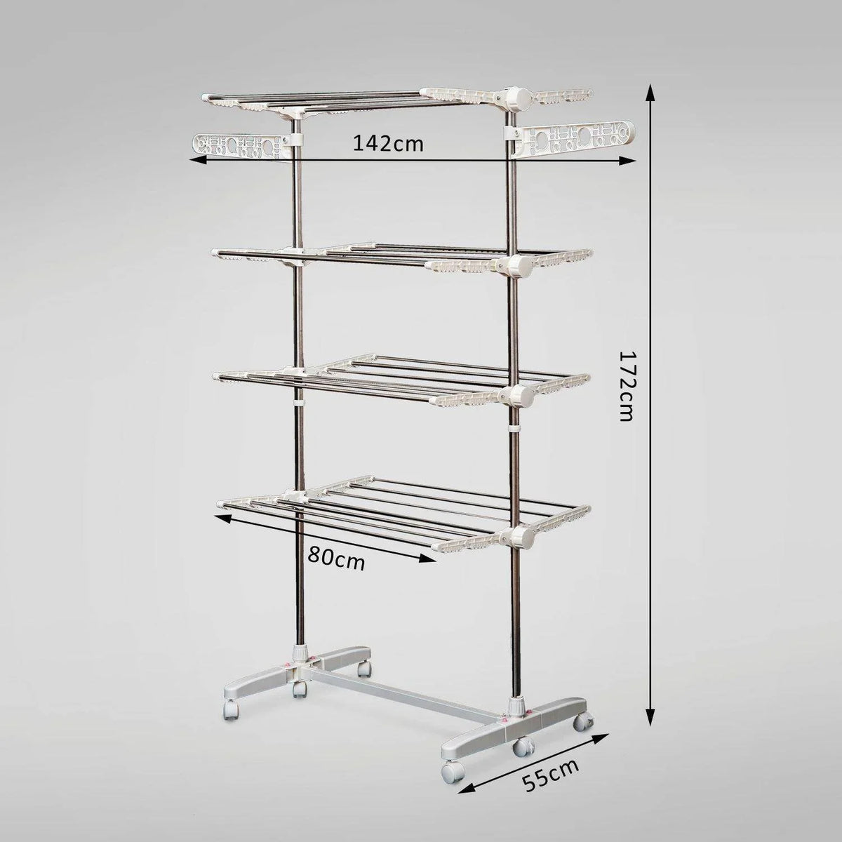 Adjustable 4-tier clothes rail with four bars, chrome frame, and caster base