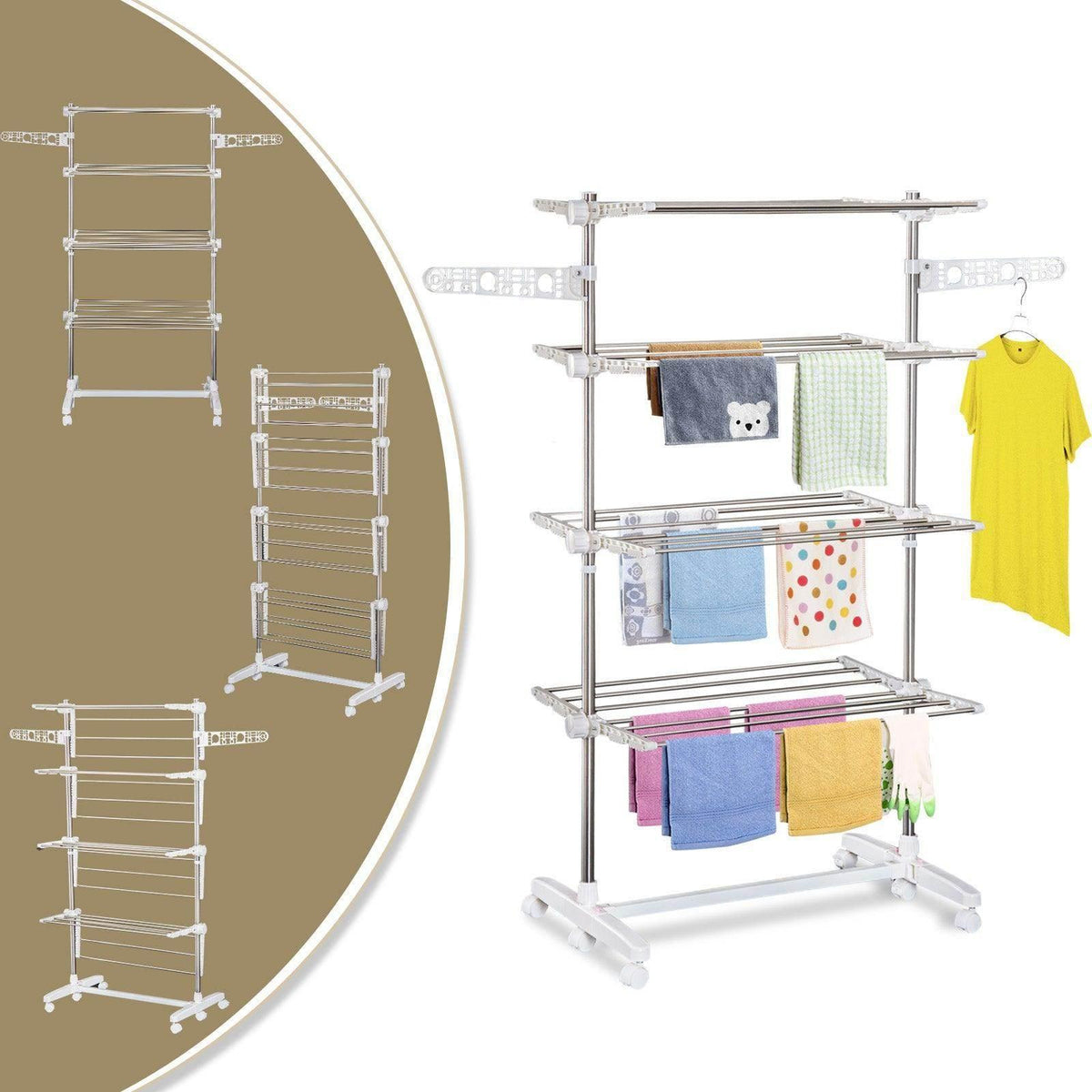 4-layer folding clothes rail with clothes hanging, plus fold-out side frame section