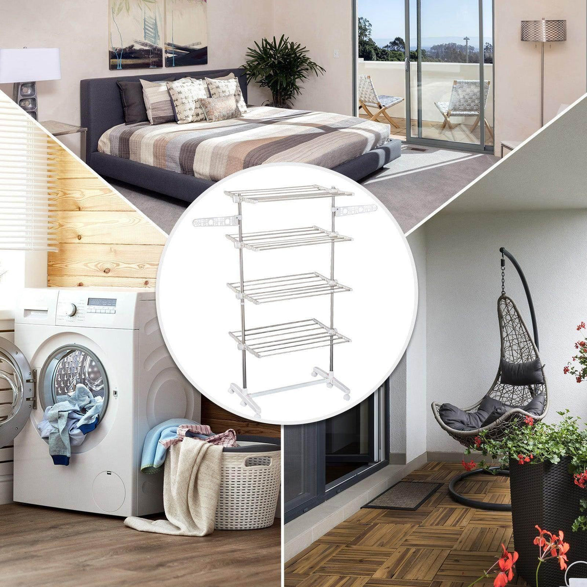 4-tier clothes rail with four chrome bars and caster wheels, shown in close-up