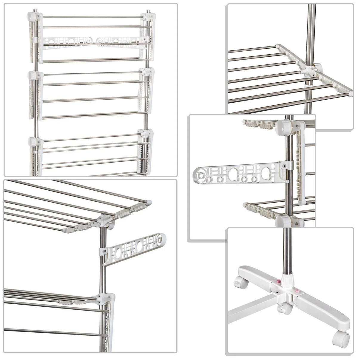 4-layer clothes rail hardware detail with four bars, brackets, and caster base