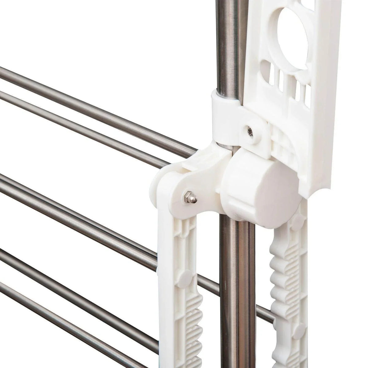 Clothes rail joint with white plastic connector securing chrome bars