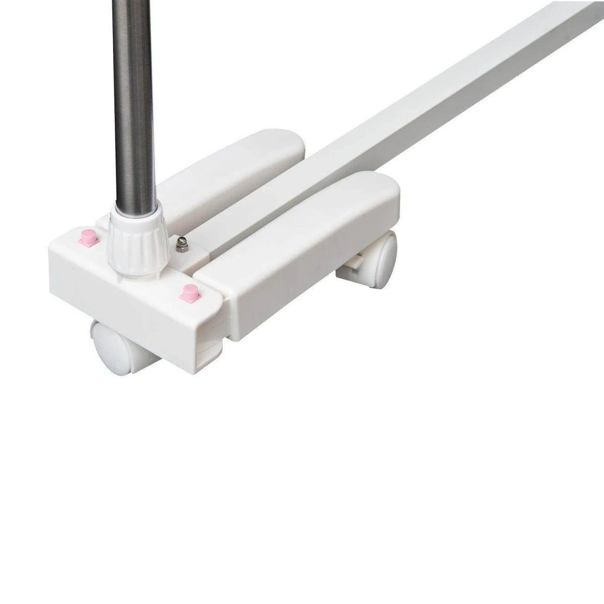 Folding clothes rail caster base with white foot supports and rolling wheels